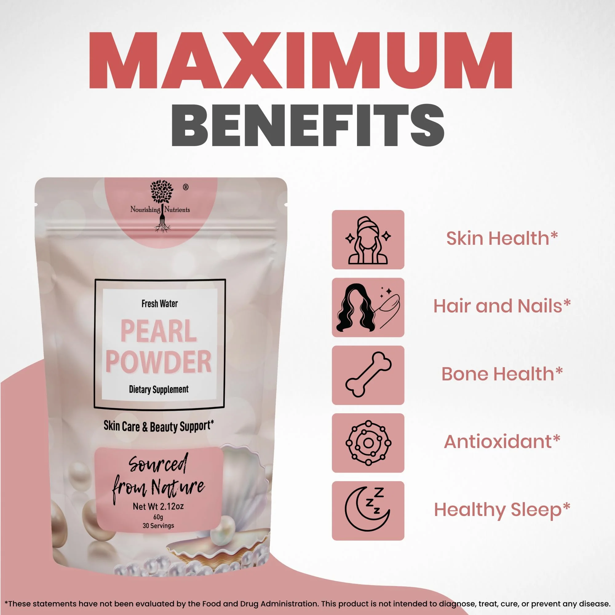 Pearl Powder Supplement for Skin Health - Anti-Aging, Antioxidant & Collagen Production - Healthy Eyes, Hair and Nails, Supports Immunity, Mood and Sleep - With Calcium and Amino Acids 60g 30 servings - Image 3