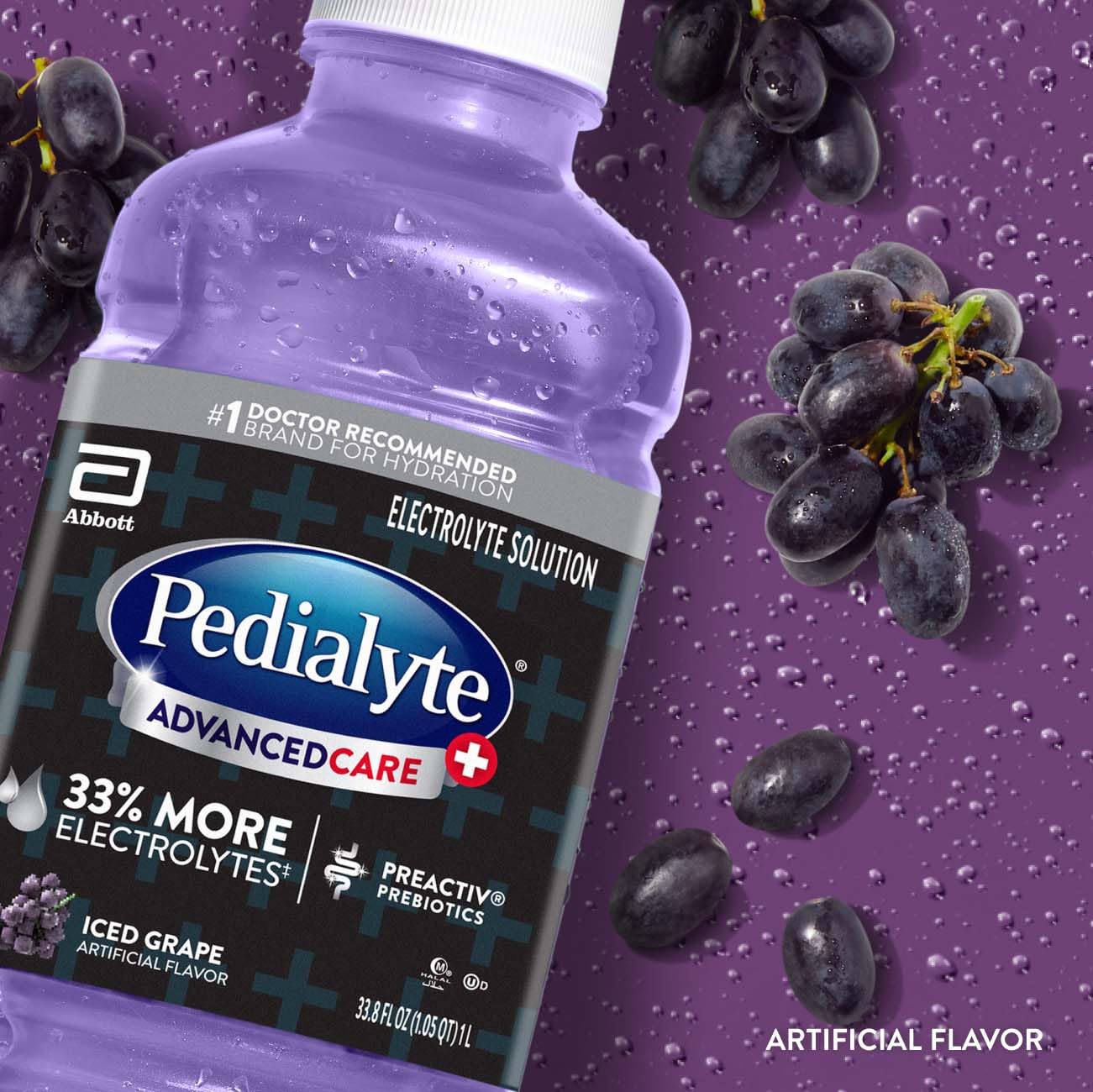 Pedialyte AdvancedCare Plus Electrolyte Hydration Drink, Has 33% More Electrolytes and Has PreActiv Prebiotics, Iced Grape, 1 Liter, Pack of 4 - Image 7