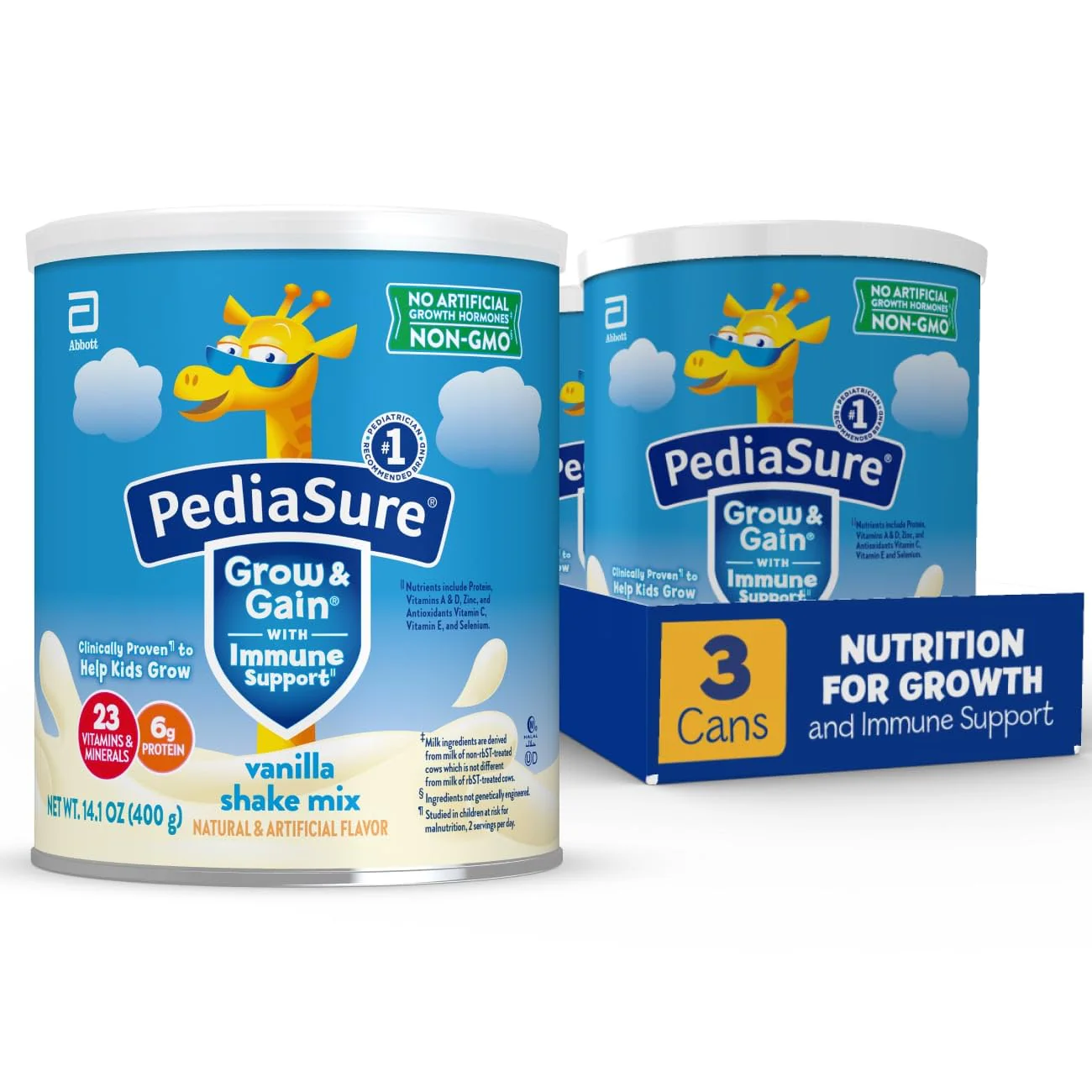 PediaSure Grow & Gain with Immune Support Shake Mix Powder, 23 Vitamins & Minerals, 6g Protein, Non-GMO, Gluten-Free, Vanilla, 14.1 oz Can, Pack of 3-24 servings