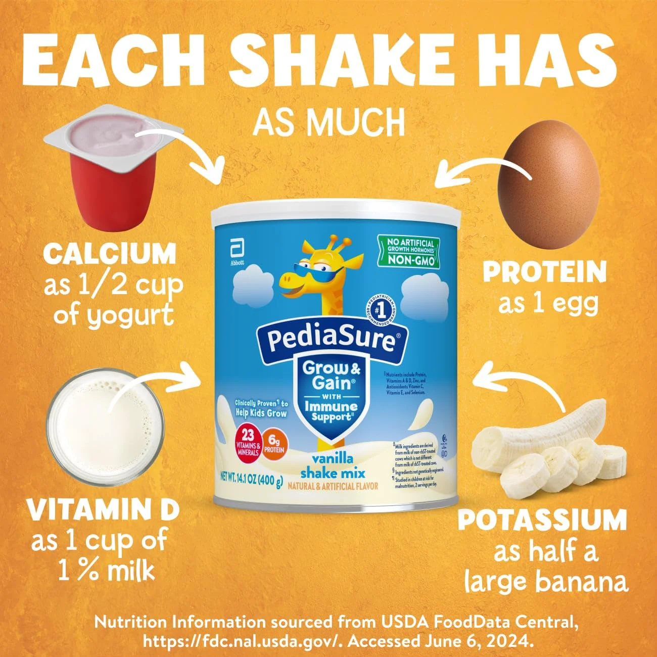 PediaSure Grow & Gain with Immune Support Shake Mix Powder, 23 Vitamins & Minerals, 6g Protein, Non-GMO, Gluten-Free, Vanilla, 14.1 oz Can, Pack of 3-24 servings - Image 6
