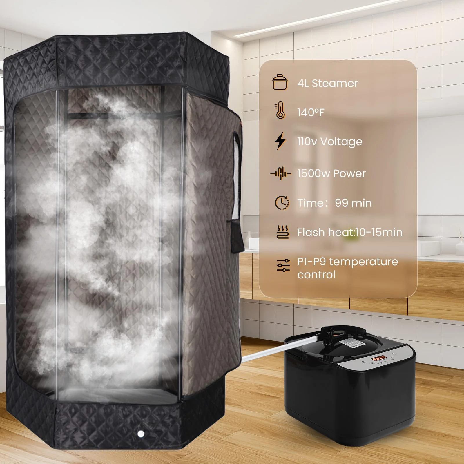 PEEKO Larger Sauna Steamer 4L, 1500W Steam Generator,Steamer Pot with Remote Control, Steam Cup, Timer, 16 Levels, 7.7”x 12.5”x9.1”， - Image 3