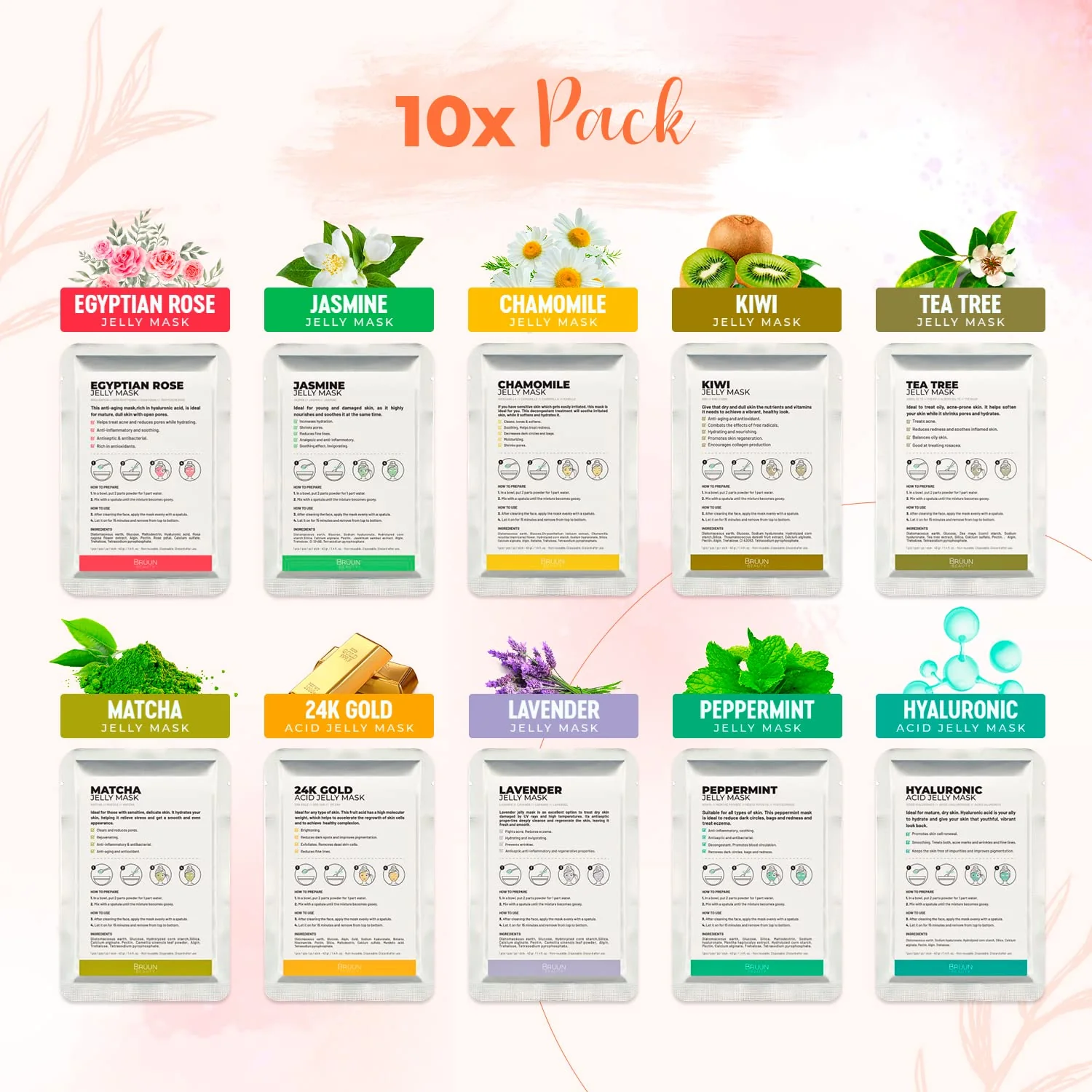 Peel-Off Jelly Mask Premium Modeling "Rubber Mask" Spa Set - 10 Treatments (24k Gold, Lavender, Kiwi, Peppermint, Egyptian Rose, Matcha, Chamomile, Tea tree, Jazmine) - Image 8