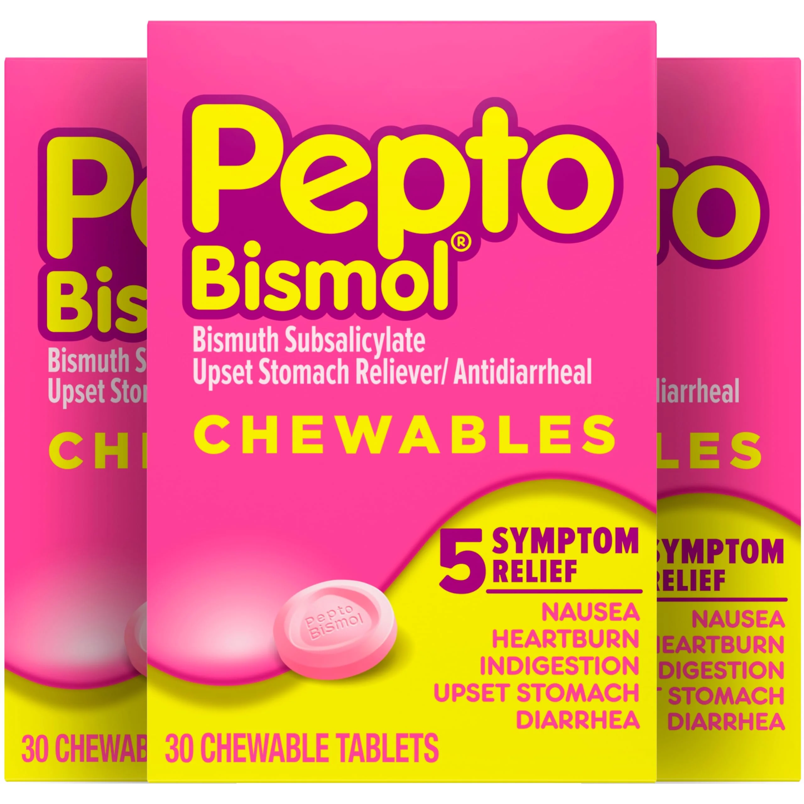 Pepto Bismol Chewable Tablets, Upset Stomach Relief, Nausea Relief, Heartburn Relief, Indigestion Relief, Anti Diarrhea Medication for Adults - 5 Symptom Relief, 90 Chewable Tablets (3x30 ct)