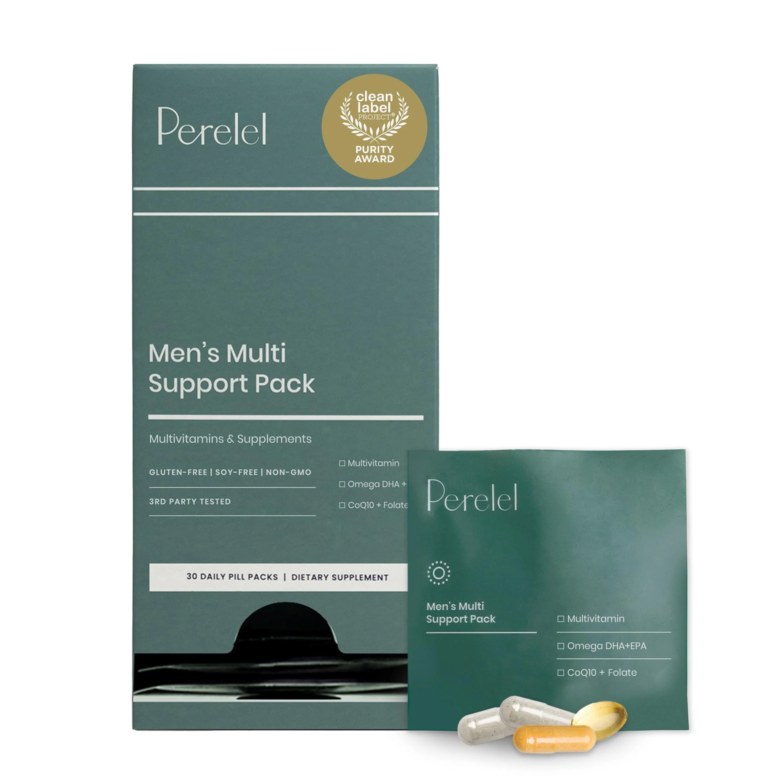 Perelel Men’s Multi Support Pack, Daily Multivitamin with Magnesium, Omega 3, CoQ10 & Folate, Nutritional Support for Men’s Wellness, Soy & Gluten Free, Non GMO, 30 Daily Pill Packs