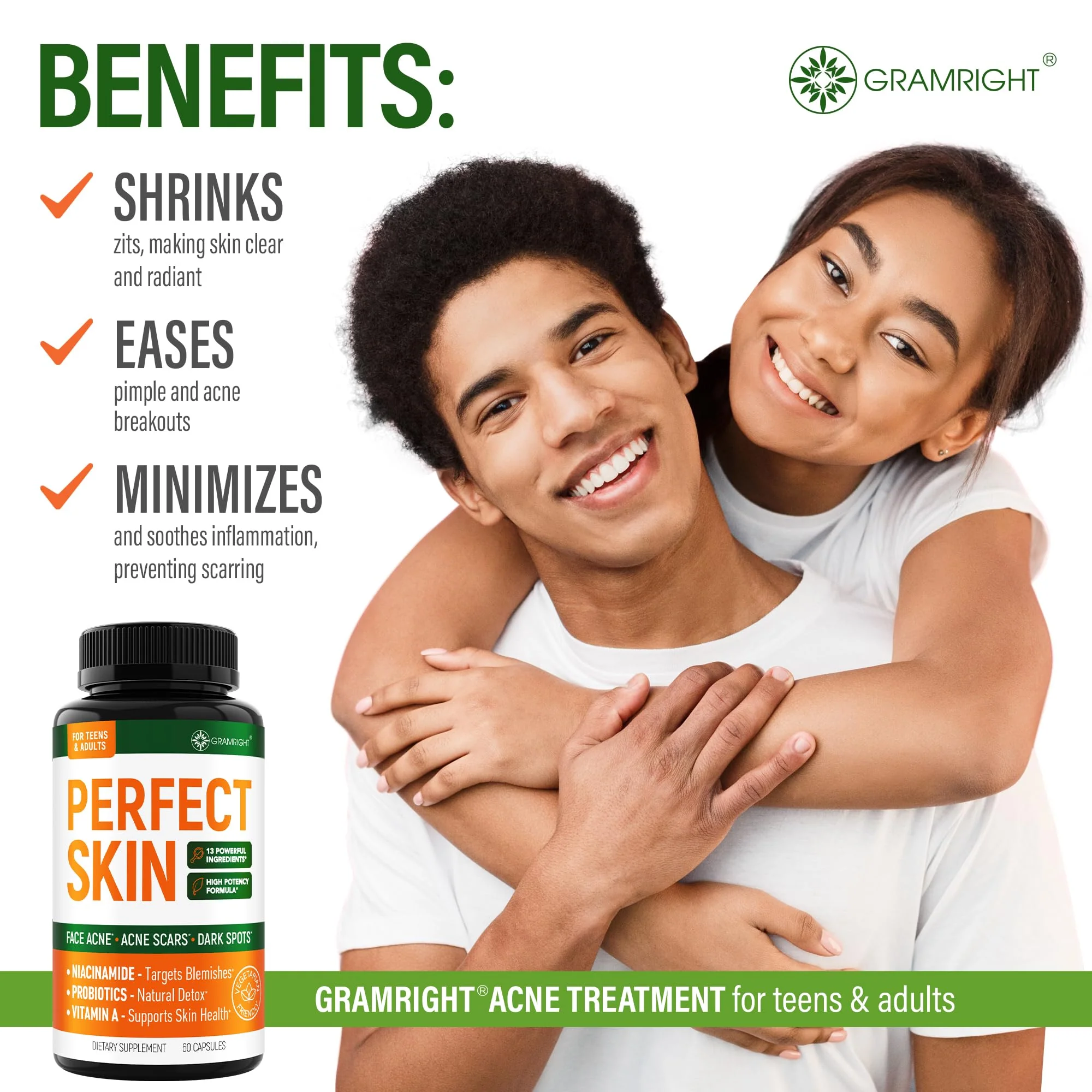 Perfect Skin Acne Pills - Clear Skin Supplement with Niacinamide, Probiotic, Zinc & Vitamin A - Anti Acne Vitamins for Teens, Men & Women - Support for Face & Back Acne, Acne Scars - 60 Capsules - Image 5