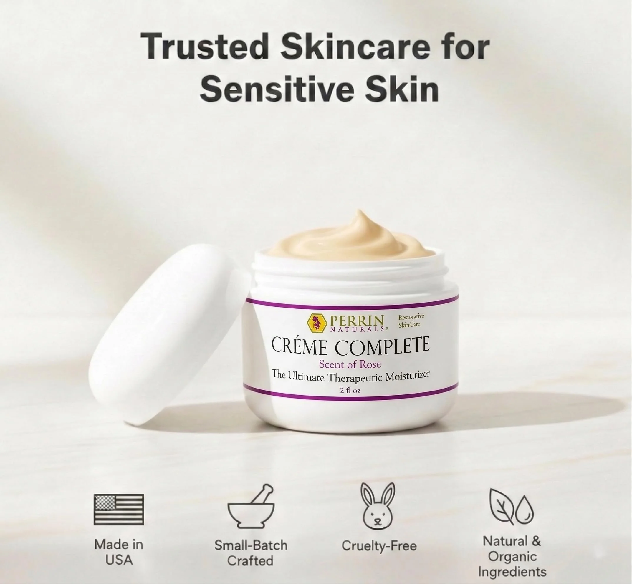Perrin Naturals Crème Complete, Lichen Sclerosus treatment Cream for Dry Sensitive Skin, Restorative Anti Aging Face & Body Moisturizer with Barrier Support for Women, Scent of Rose, 2 oz