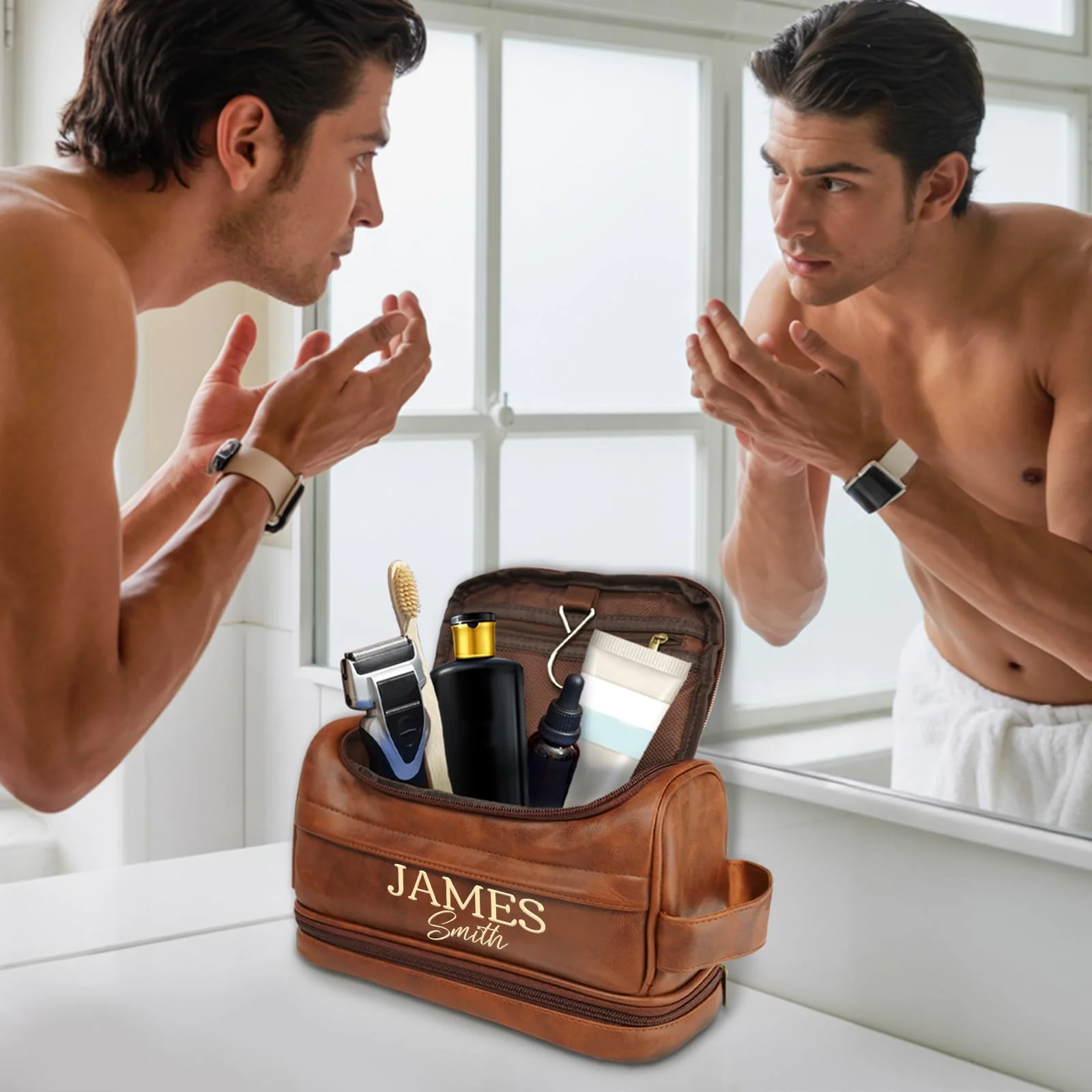 Personalized Toiletry Bag for Men, Gifts for Men, Christmas, Custom Leather Travel Shave Kit Cosmetic Hygiene Bag, Engraved Pattern Text, Ideal for Him, Dad, Groomsmen, Birthday, Anniversary, Father - Image 2