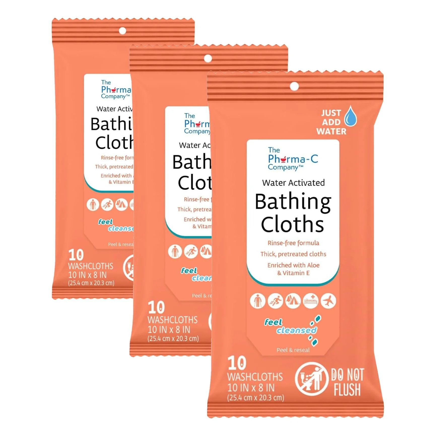 Pharma-C Water-Activated Bathing Cloths [10 cloths] – Rinse-Free XL Body Wipes for Adults. Pretreated Disposable Bath Wipe for Elderly, Hospice, Camping. MADE IN USA. (Pack of 3)