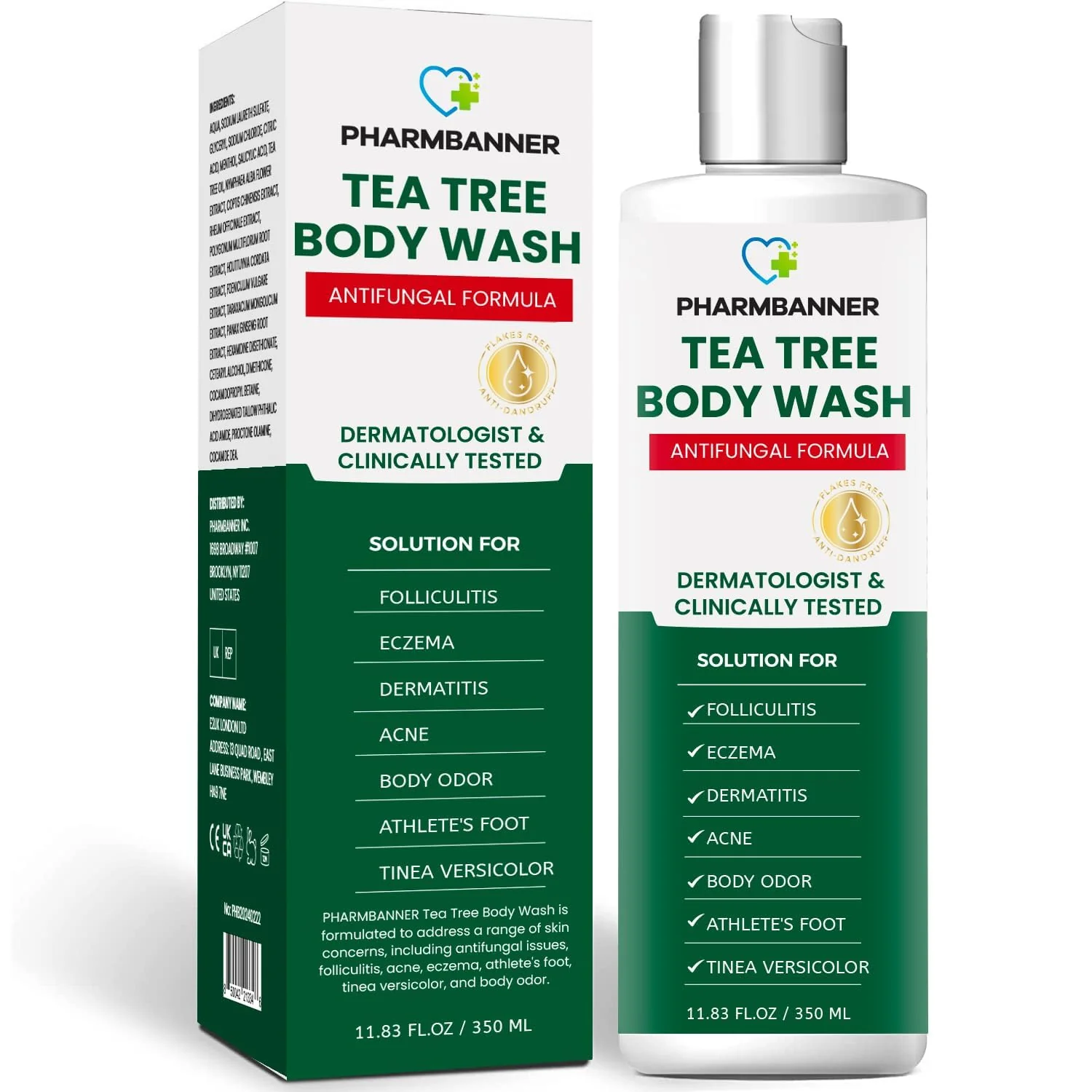 PHARMBANNER Tea Tree Antifungal Body Wash – Soothes Folliculitis, Acne, Jock Itch, Athlete’s Foot, Ringworm, Tinea Versicolor, Body Odor, Eczema & Dermatitis-Prone Skin