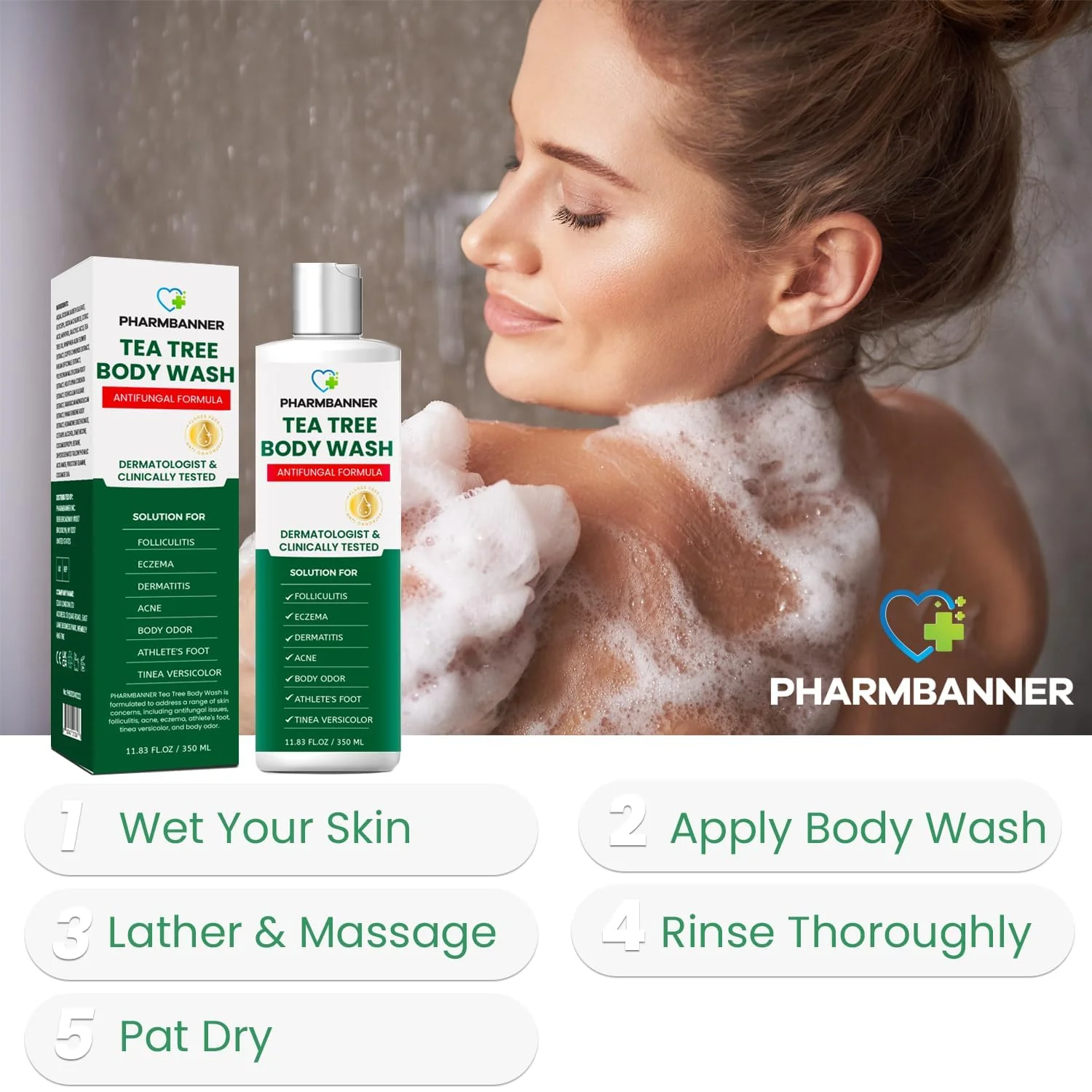PHARMBANNER Tea Tree Antifungal Body Wash – Soothes Folliculitis, Acne, Jock Itch, Athlete’s Foot, Ringworm, Tinea Versicolor, Body Odor, Eczema & Dermatitis-Prone Skin - Image 3