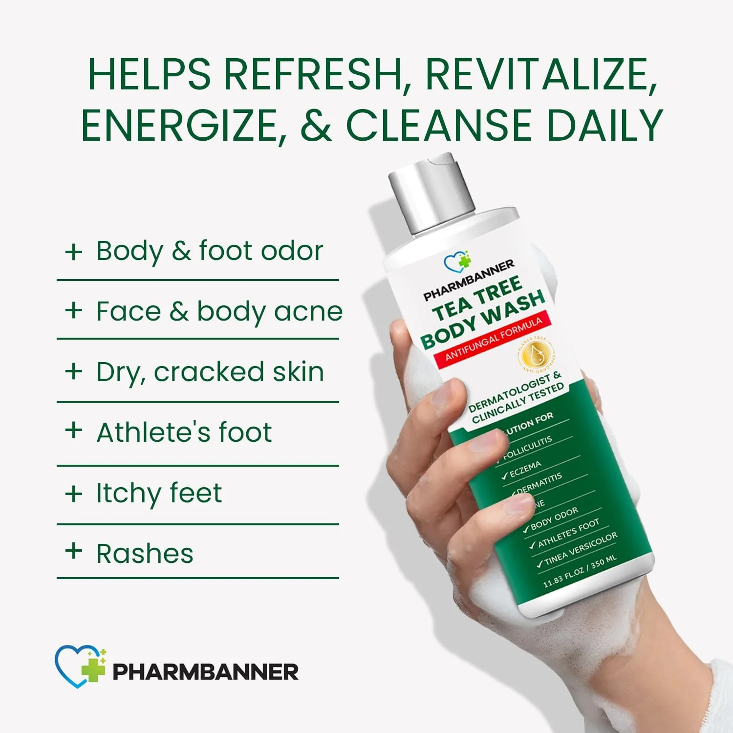 PHARMBANNER Tea Tree Antifungal Body Wash – Soothes Folliculitis, Acne, Jock Itch, Athlete’s Foot, Ringworm, Tinea Versicolor, Body Odor, Eczema & Dermatitis-Prone Skin - Image 8