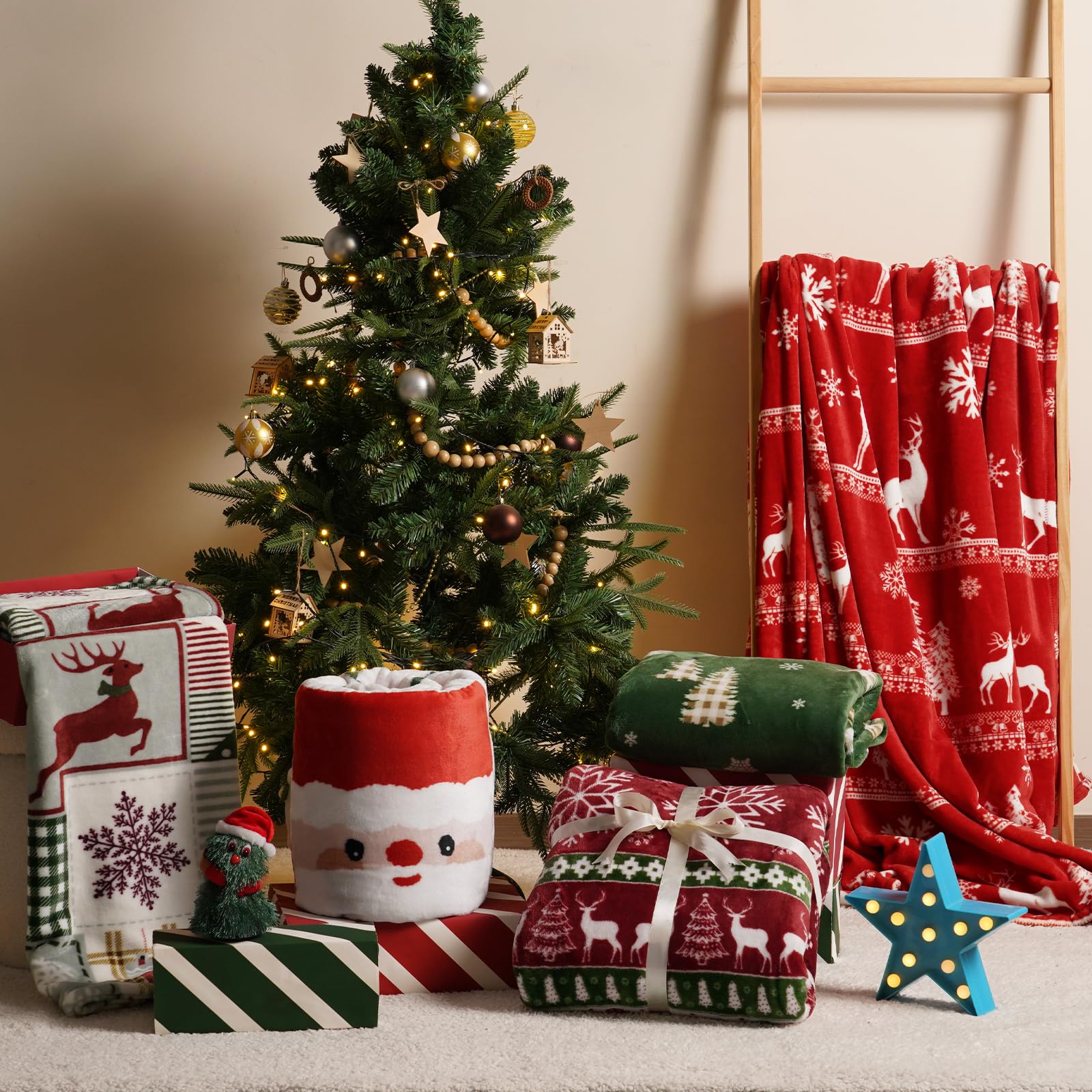 PHF Printed Fleece Blanket Queen Size, No Shed No Pilling Ultra Soft Plush Cozy Xmas Prints Theme Home D��cor Flannel Blanket for Bed, Sofa, Couch and Gift, 90" x 90", Retro Christmas - Image 2