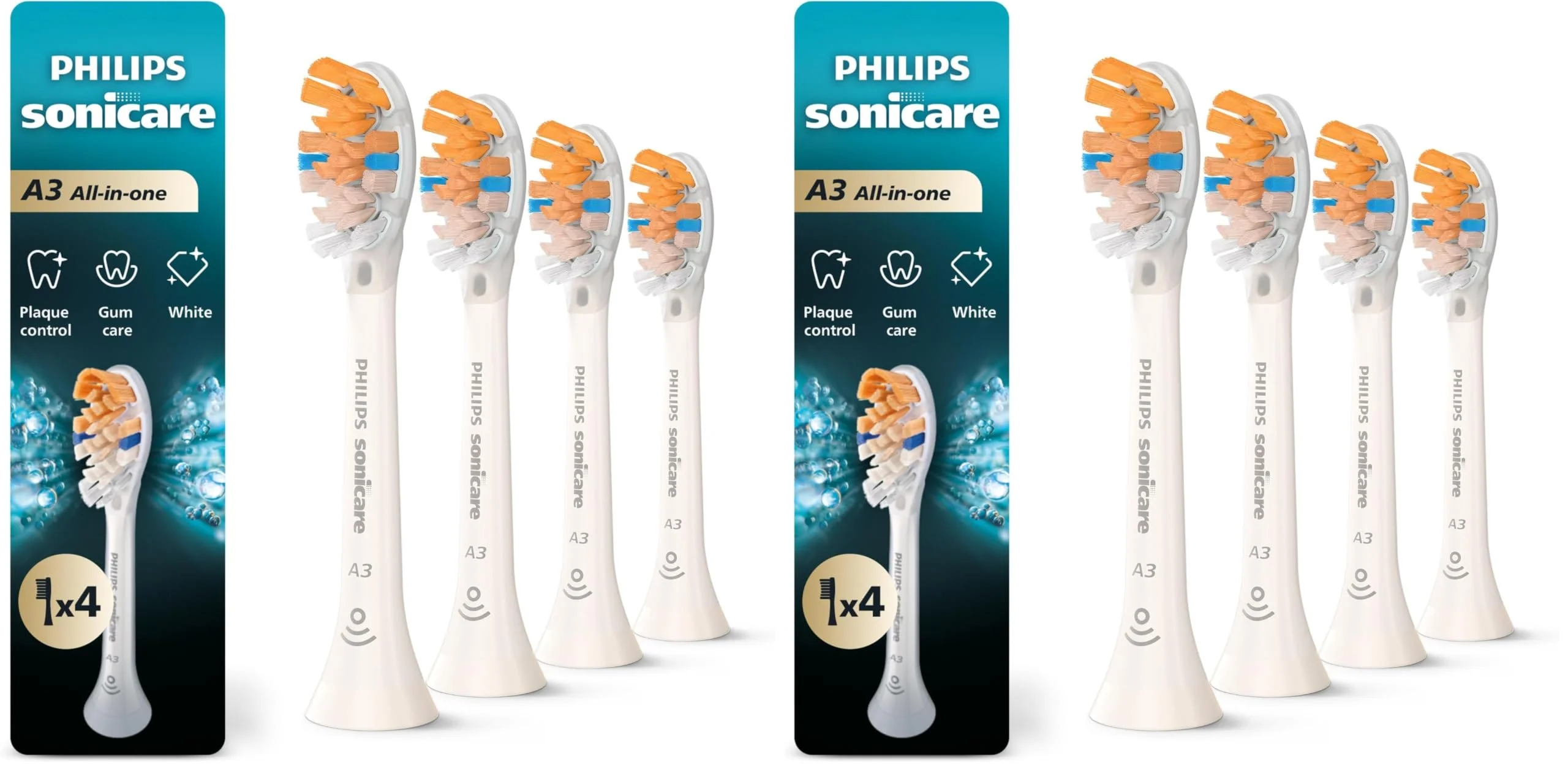 Philips Sonicare A3 All-in- - Genuine Replacement Electric Toothbrush Heads,White,Year Supply,HX9094/65,4 Count (Pack of 2)