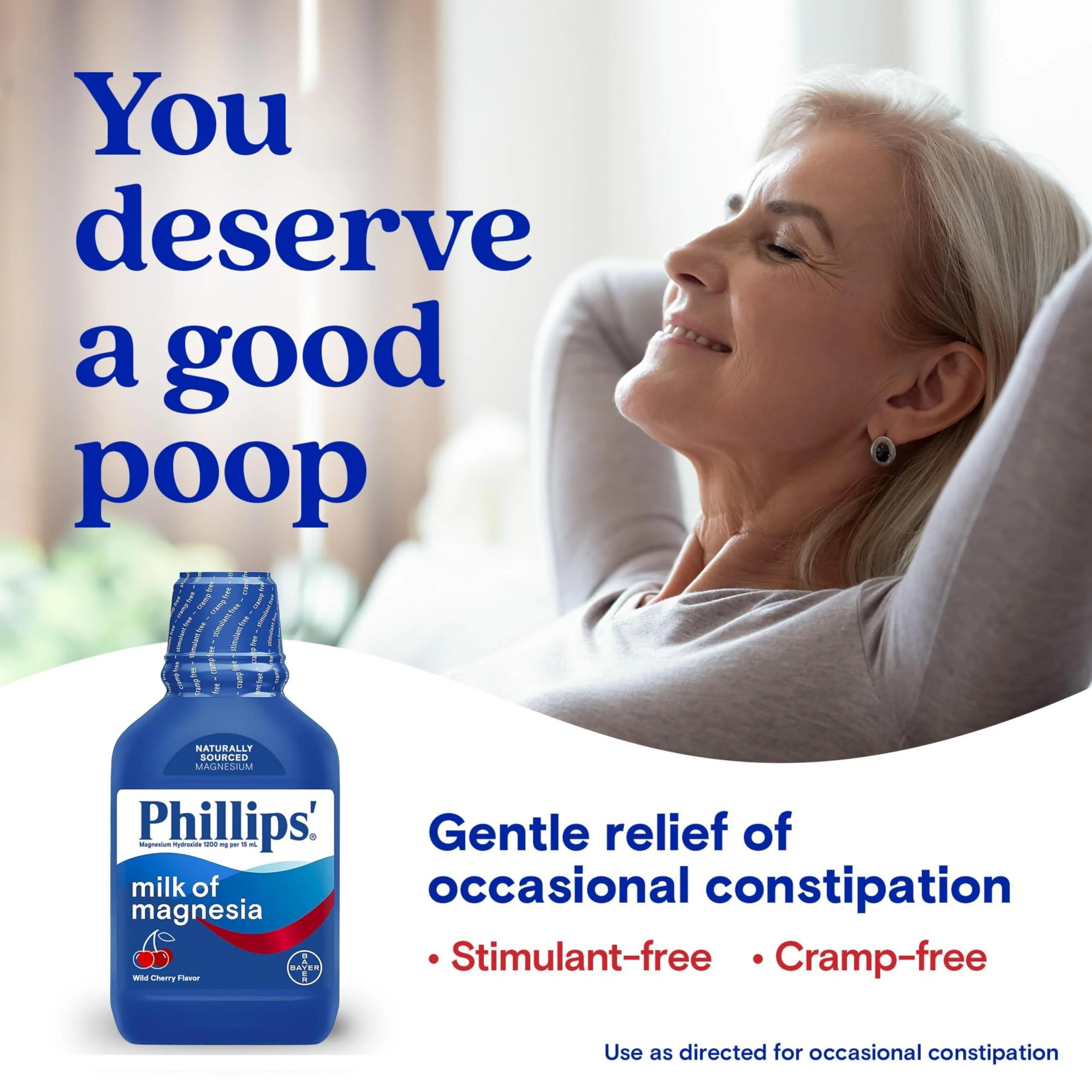 Phillips’ Milk of Magnesia Liquid Laxative, Wild Cherry Flavor, Stimulant Free, Cramp Free Relief of Occasional Constipation*, Effective in 30 minutes - 6 hours, #1 Milk of Magnesia Brand, 26 oz - Image 2