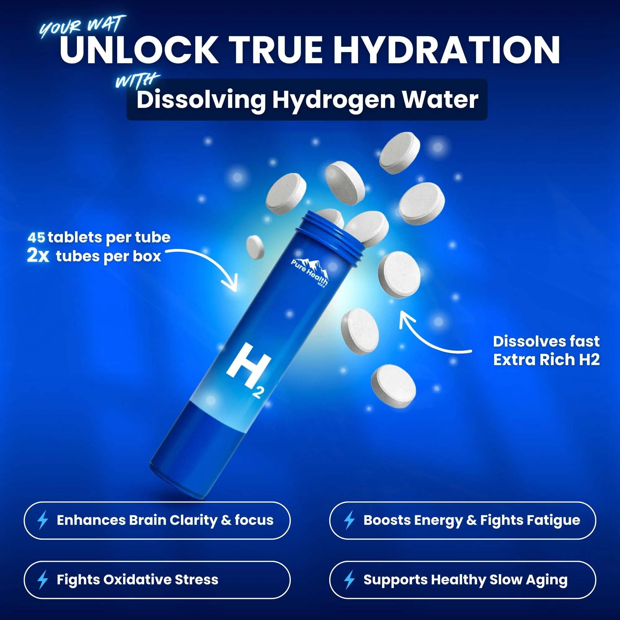 PHM Hydrogen Water Tubes, Tablets for Drinking Water - H2 Molecular Tabs | Magnesium Pills, Electrolytes Hydration Supplement to Support Healthy Aging & Energy Boost | 90 Tablets, 3 Months Supply - Image 6