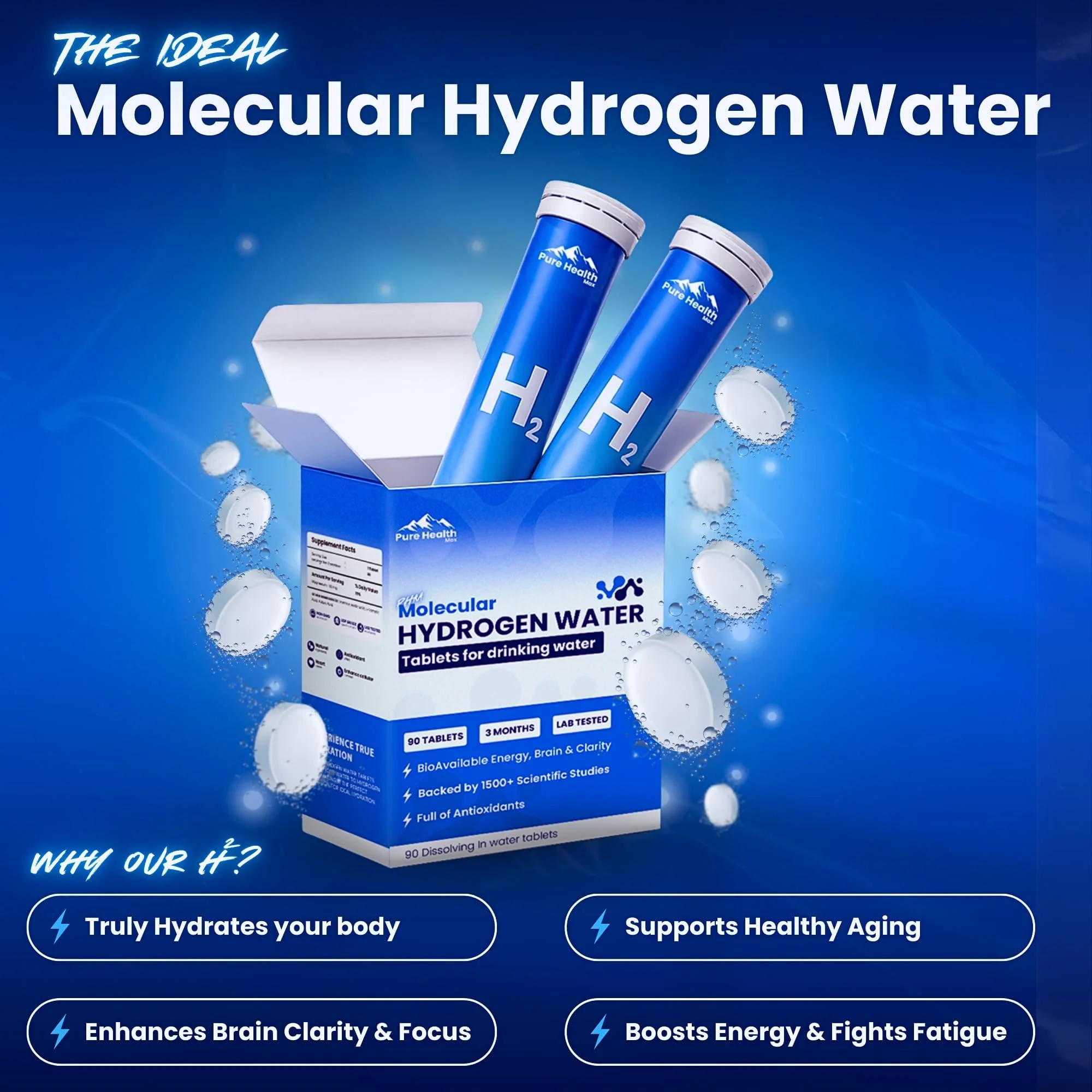 PHM Hydrogen Water Tubes, Tablets for Drinking Water - H2 Molecular Tabs | Magnesium Pills, Electrolytes Hydration Supplement to Support Healthy Aging & Energy Boost | 90 Tablets, 3 Months Supply - Image 7