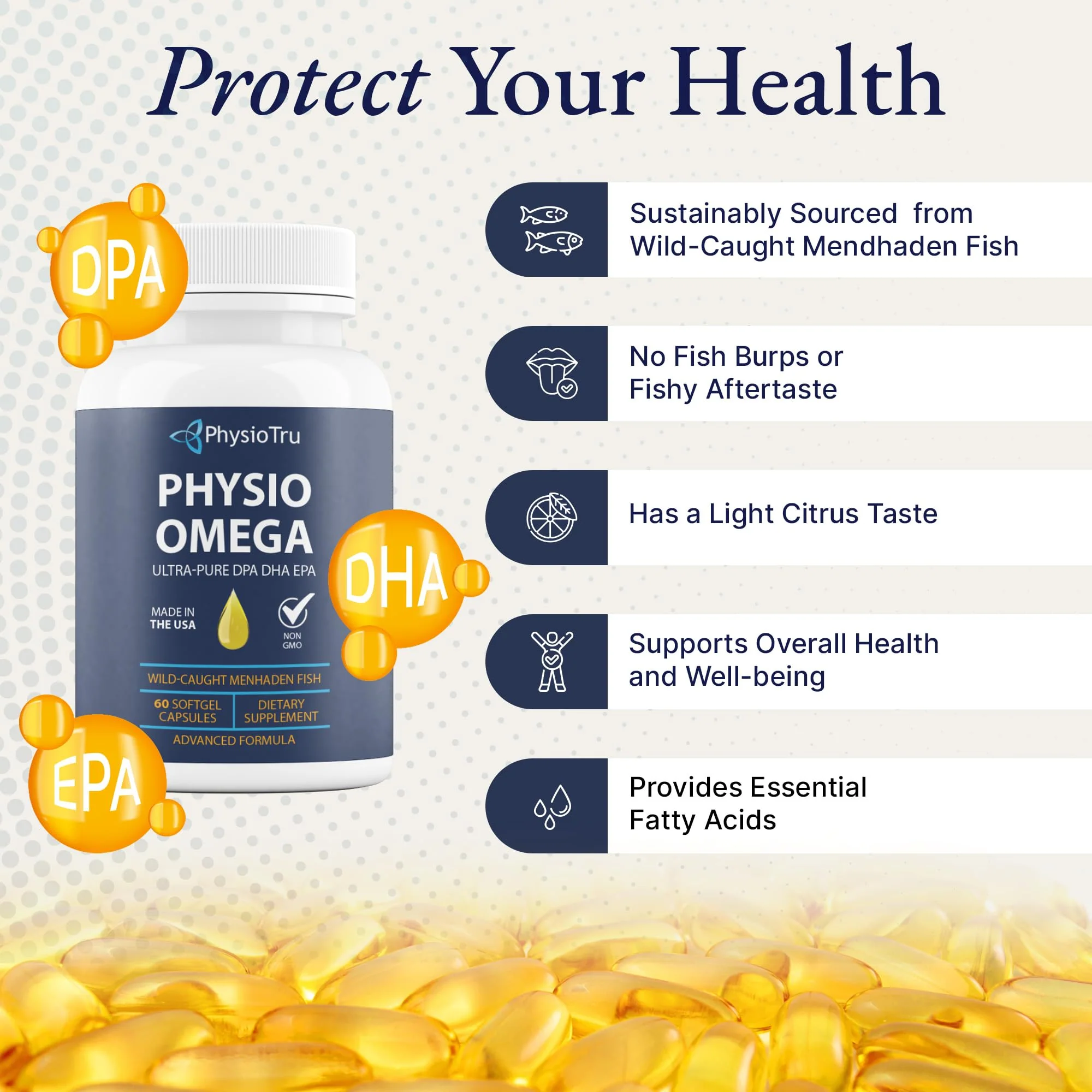 Physio Omega 2400mg Fish Oil with Omega 3 Fatty Acid Supplement - Vascular & Cognitive Supplements for Adults - Non-GMO, Burpless, Light Citrus Flavor, Sustainably Sourced - 1 Pack, 60 Softgels - Image 5