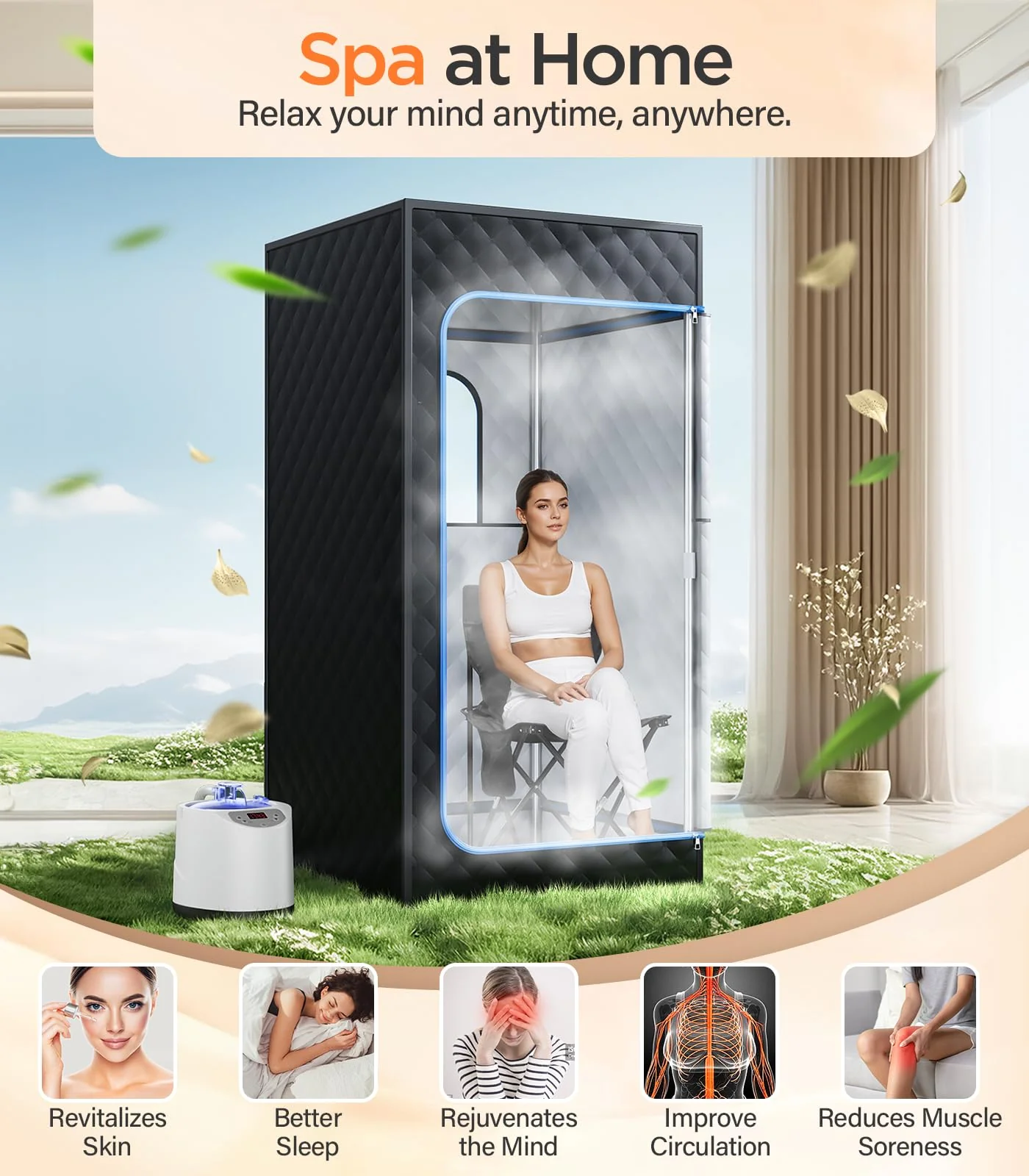 pikulLA Portable Sauna for Home, Personal Portable Steam Sauna Tent with 1200W 3L Steamer Heater, 15 Levels, Remote Control, Foldable Chair, Cozy Big Size 36 * 36 * 71 inches - Image 6