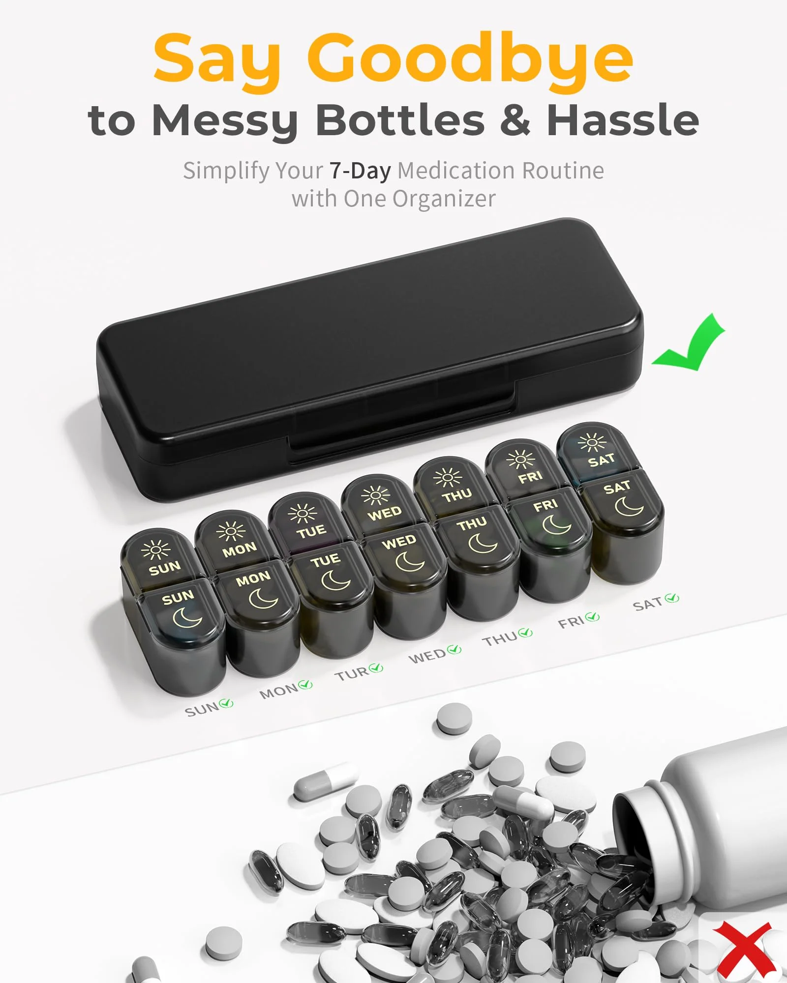 Pillex AM & PM Pill Organizer 7 Days, Weekly Pill Case 2 Times a Day, Pill Box 7 Day, Medicine Pill Organizer for Travel, Vitamins, Fish Oils, Supplements - Image 4