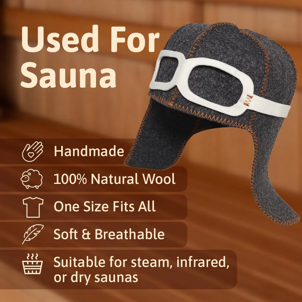 Pilot Sauna Hat for Men & Women Aviator Wool Mens - Banya Hat for Men Felt Sauna Cap for Women Finnish Gray - Image 9