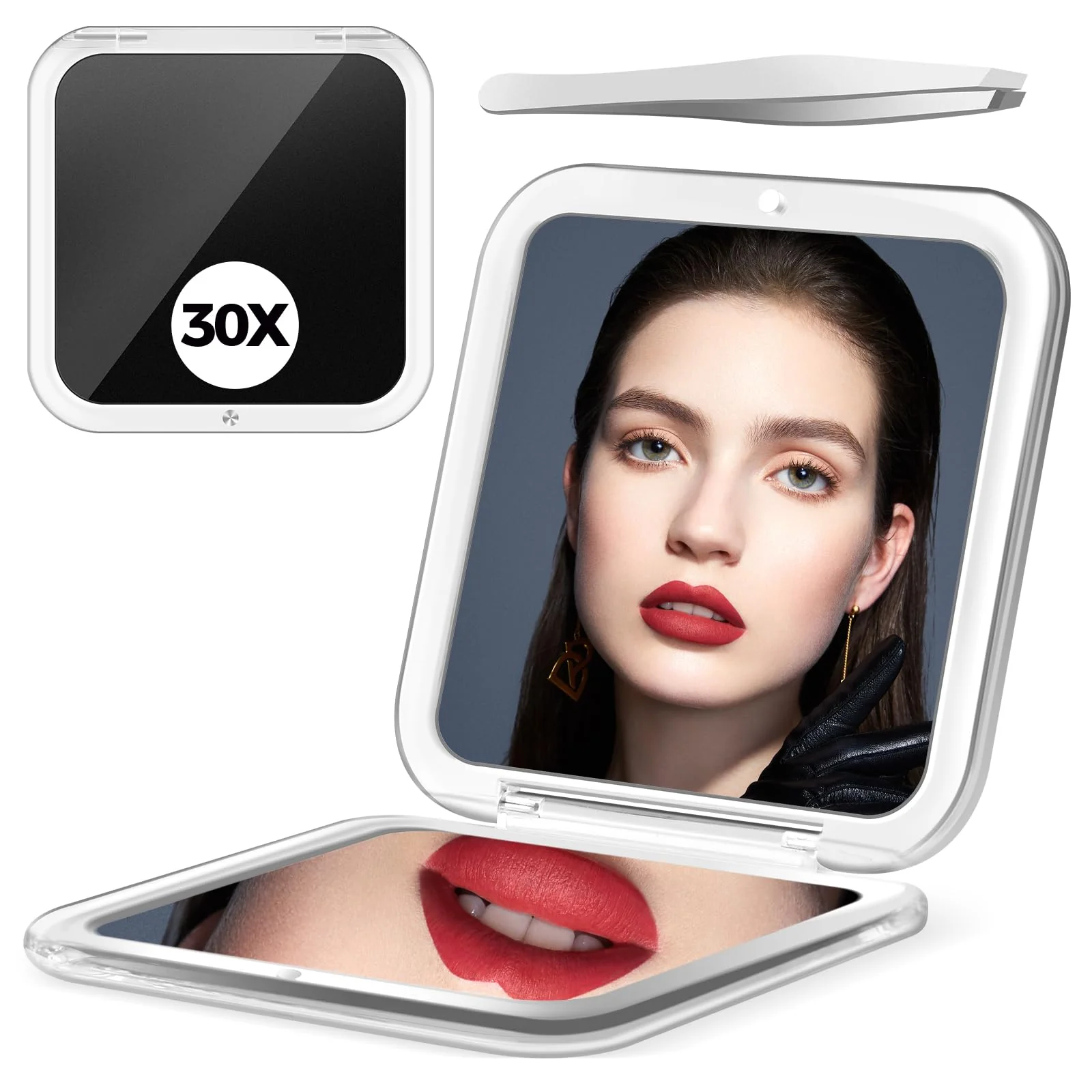 PIMPLEGO Compact 30X Magnifying Square Travel Mirror, 3.3x3.3 Inch Small Pocket, 2-Sided Women's Magnetic Portable With Precision Tweezers, Black - Image 2