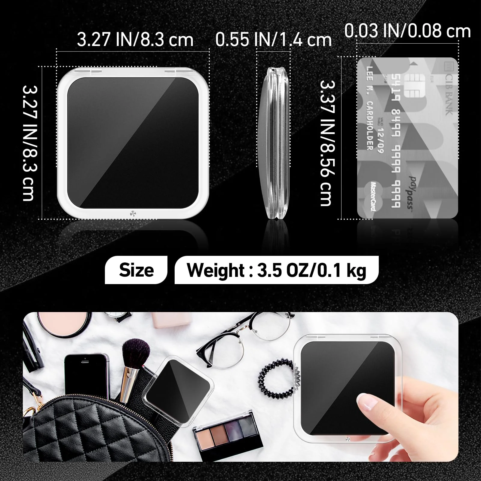 PIMPLEGO Compact 30X Magnifying Square Travel Mirror, 3.3x3.3 Inch Small Pocket, 2-Sided Women's Magnetic Portable With Precision Tweezers, Black - Image 3