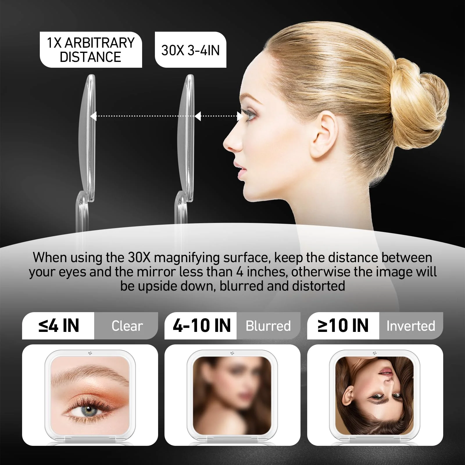 PIMPLEGO Compact 30X Magnifying Square Travel Mirror, 3.3x3.3 Inch Small Pocket, 2-Sided Women's Magnetic Portable With Precision Tweezers, Black - Image 6