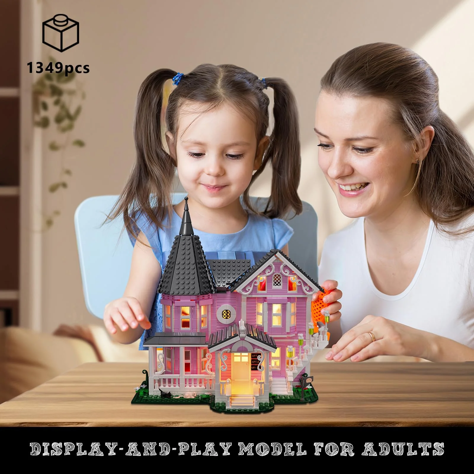 Pink Palace House Building Set with Lights, Halloween Haunted House Blocks Toy, Halloween House Kit for Kids Adults, Compatible with Lego, Christmas for Girls and Boys, Aged 8+ (1349PCS) - Image 3