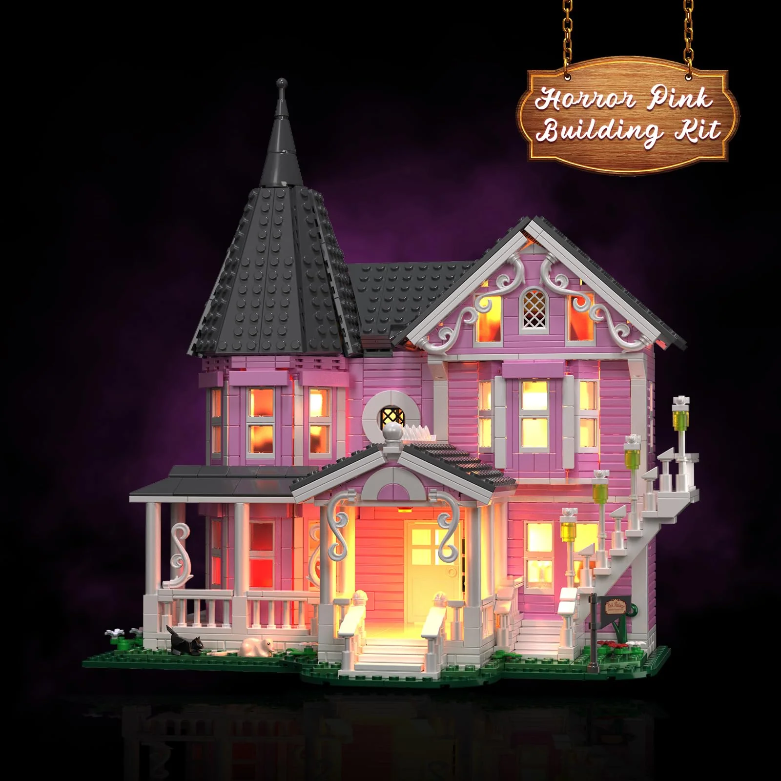 Pink Palace House Building Set with Lights, Halloween Haunted House Blocks Toy, Halloween House Kit for Kids Adults, Compatible with Lego, Christmas for Girls and Boys, Aged 8+ (1349PCS) - Image 7