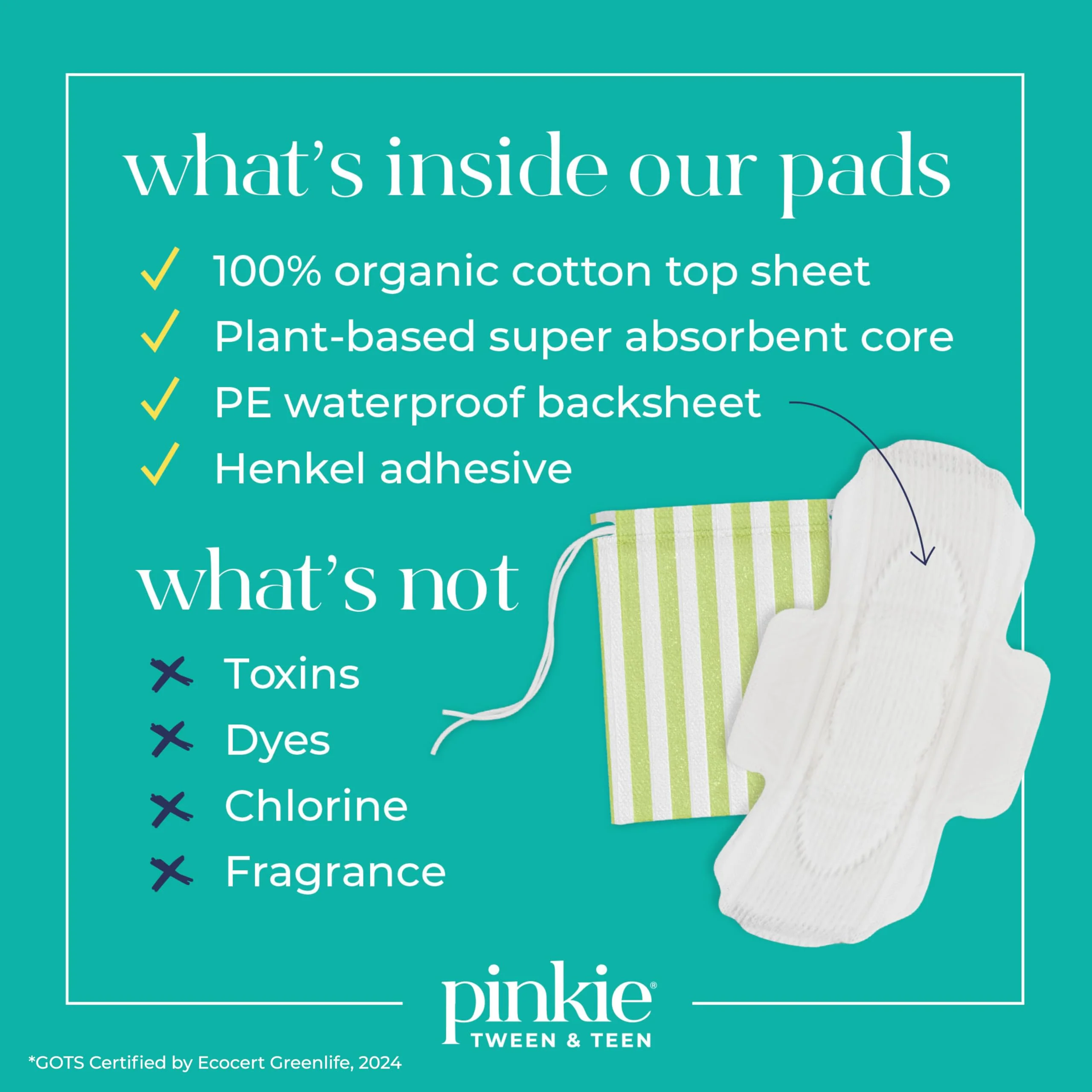 Pinkie Period Starter Pads - Designed for Smaller Underwear - Organic Cotton Topsheet Tween & Teen Pads with Wings - Chlorine Free & Fragrance Free - Teen Small, 18 Count - Image 5