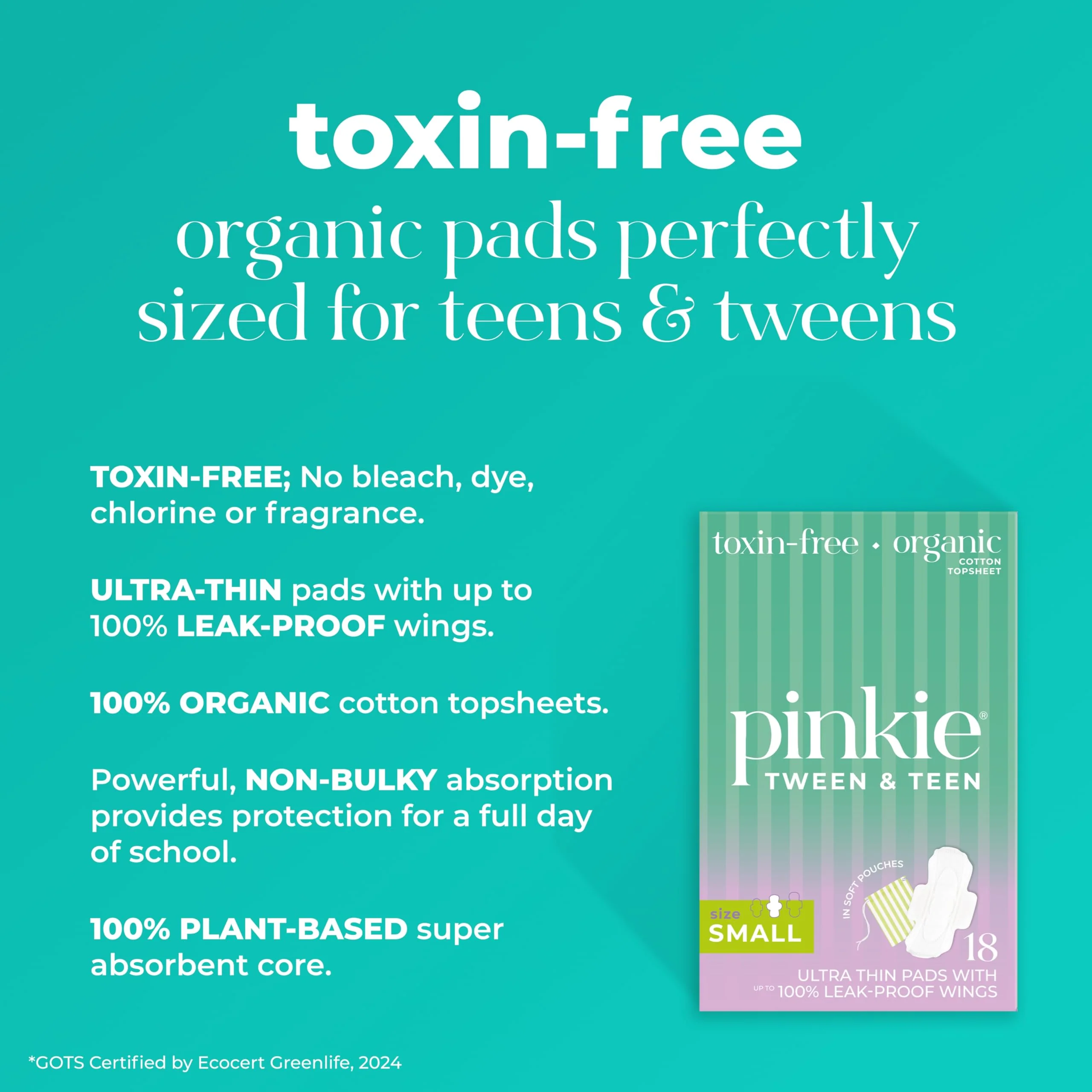 Pinkie Period Starter Pads - Designed for Smaller Underwear - Organic Cotton Topsheet Tween & Teen Pads with Wings - Chlorine Free & Fragrance Free - Teen Small, 18 Count - Image 6