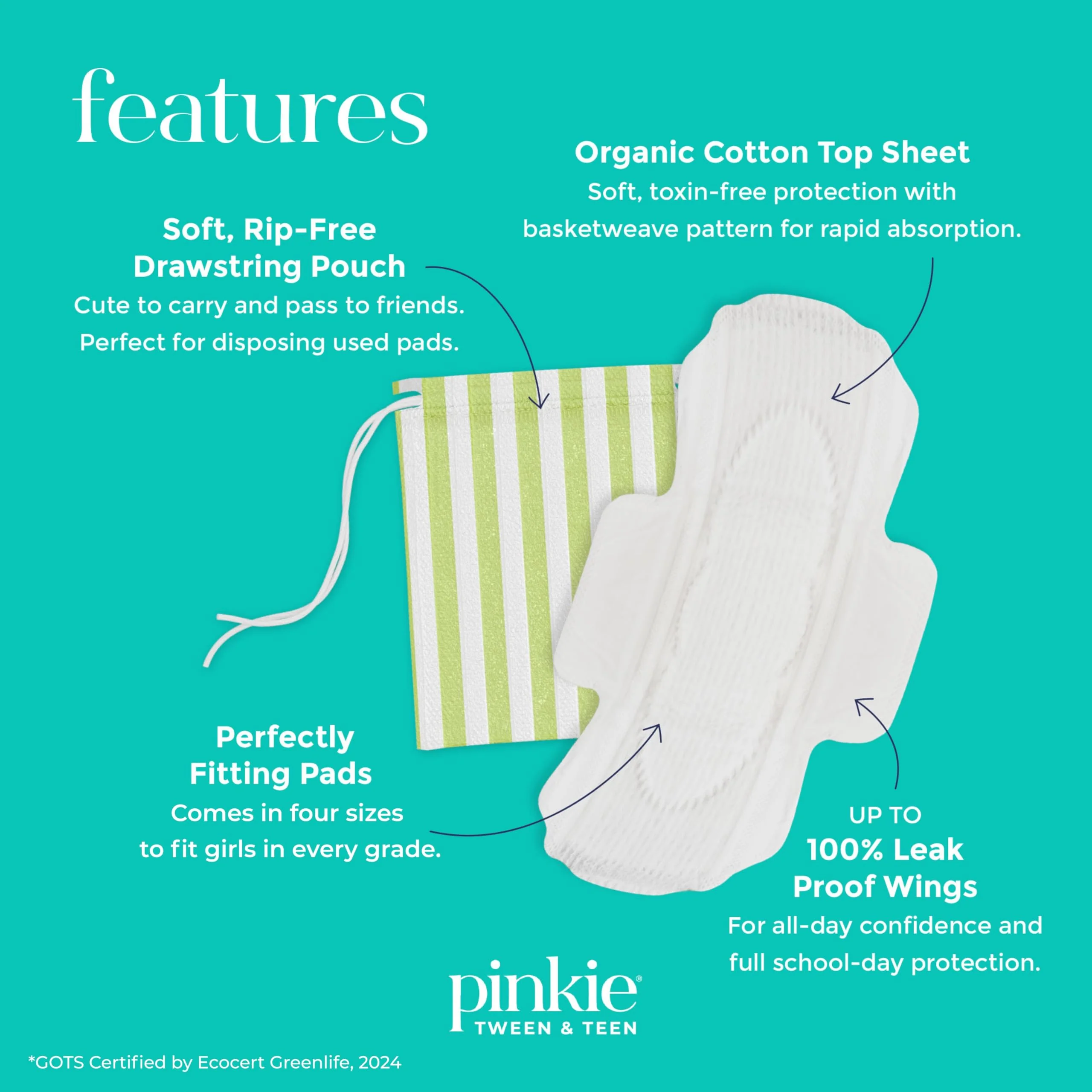 Pinkie Period Starter Pads - Designed for Smaller Underwear - Organic Cotton Topsheet Tween & Teen Pads with Wings - Chlorine Free & Fragrance Free - Teen Small, 18 Count - Image 3