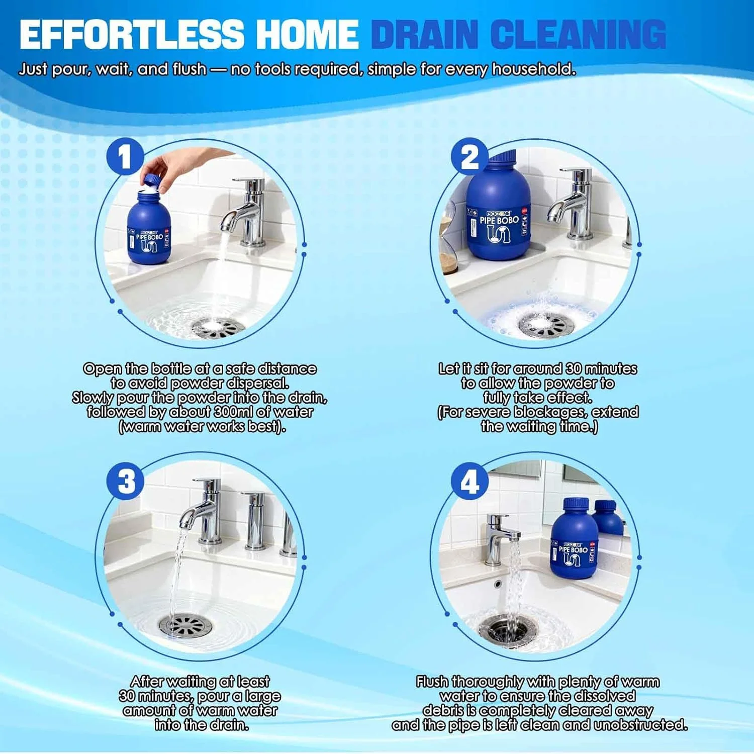 Pipe Bobo Drain Cleaner, Professional Strength Pipe Dredging Formula for Kitchen Sinks, Shower Drains, Tubs, Dissolves Blockages (3Pcs) - Image 3