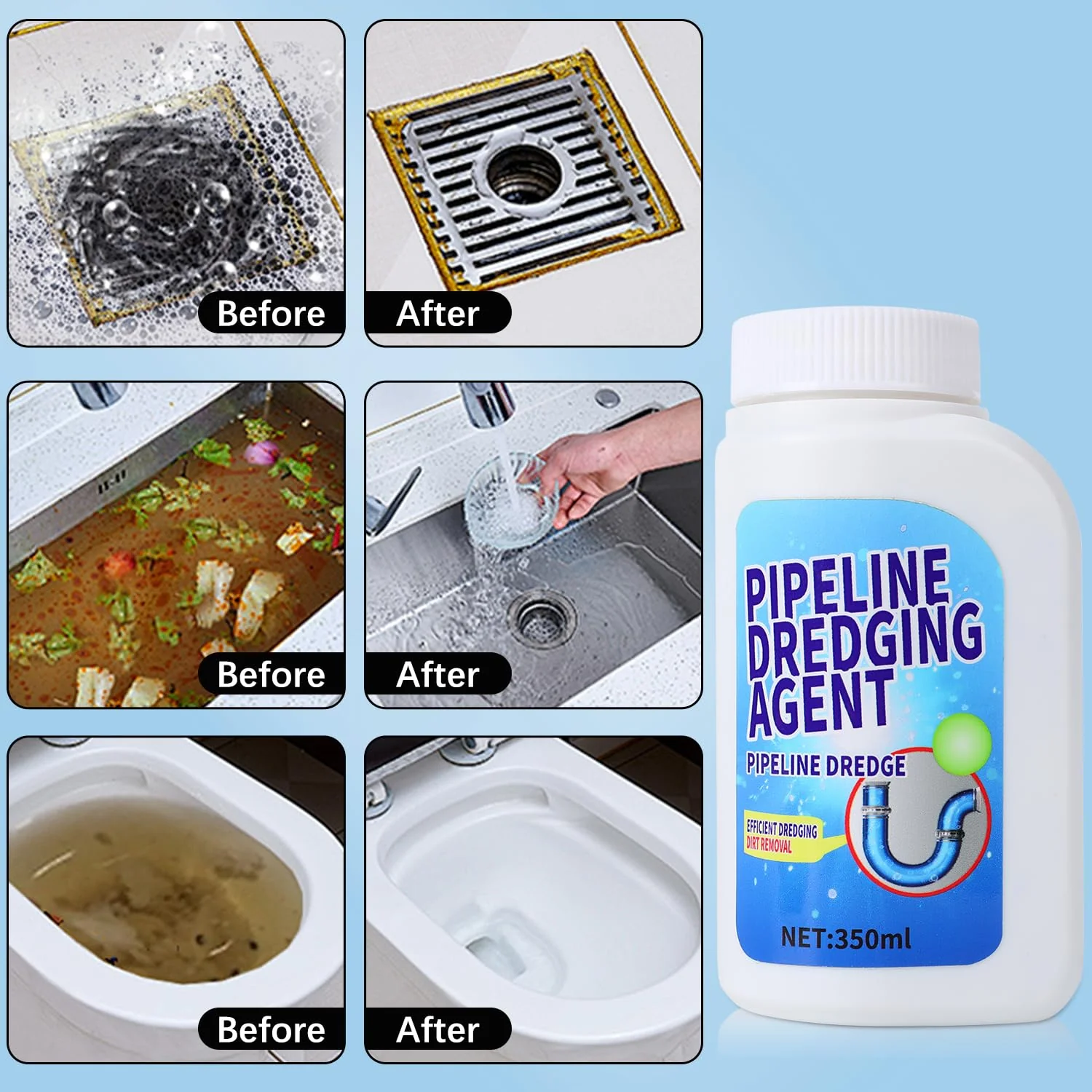 Pipeline Dredging Agent, 350ml Drain Clog Remover Agent,Kitchen Unblocker, Powerful Pipe Unclogger Powerful Sink And Drain Cleaner Powder for Kitchen Quick Cleaning (2Pcs) - Image 3