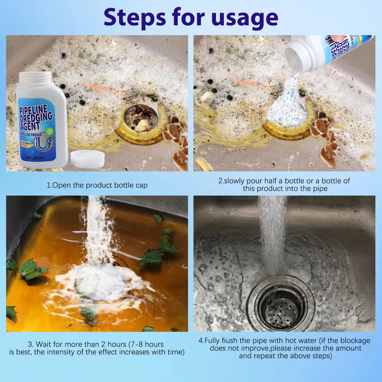 Pipeline Dredging Agent, 350ml Drain Clog Remover Agent,Kitchen Unblocker, Powerful Pipe Unclogger Powerful Sink And Drain Cleaner Powder for Kitchen Quick Cleaning (2Pcs) - Image 4