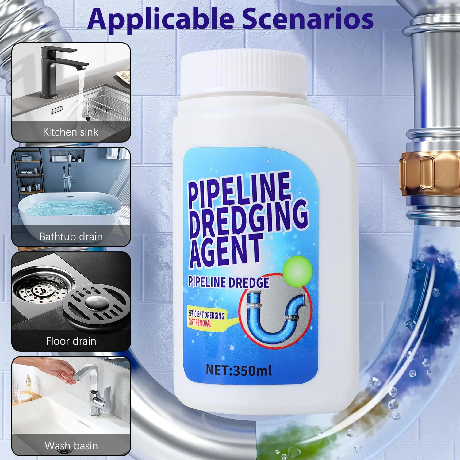 Pipeline Dredging Agent, 350ml Drain Clog Remover Agent,Kitchen Unblocker, Powerful Pipe Unclogger Powerful Sink And Drain Cleaner Powder for Kitchen Quick Cleaning (2Pcs) - Image 6