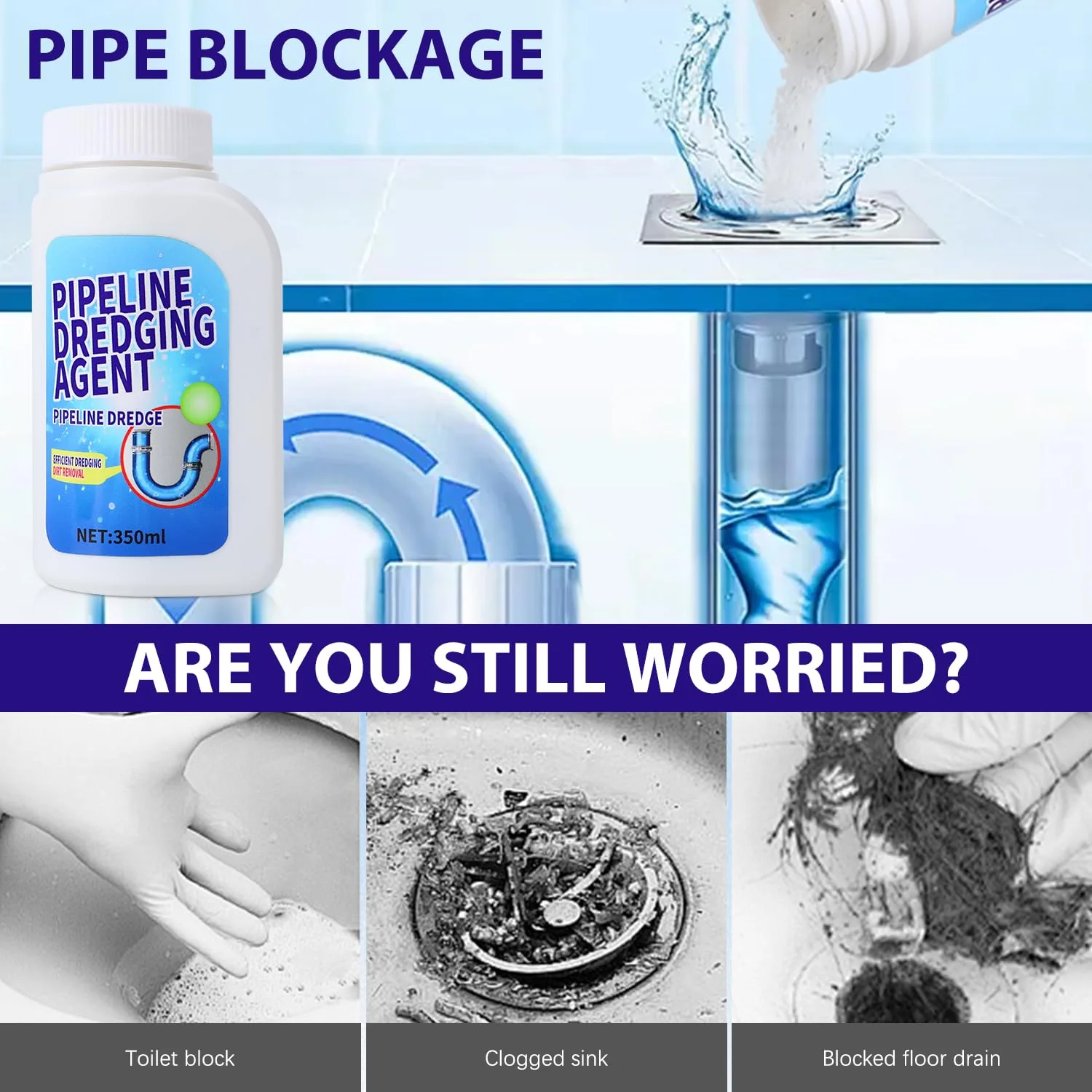 Pipeline Dredging Agent, 350ml Drain Clog Remover Agent,Kitchen Unblocker, Powerful Pipe Unclogger Powerful Sink And Drain Cleaner Powder for Kitchen Quick Cleaning (2Pcs) - Image 7