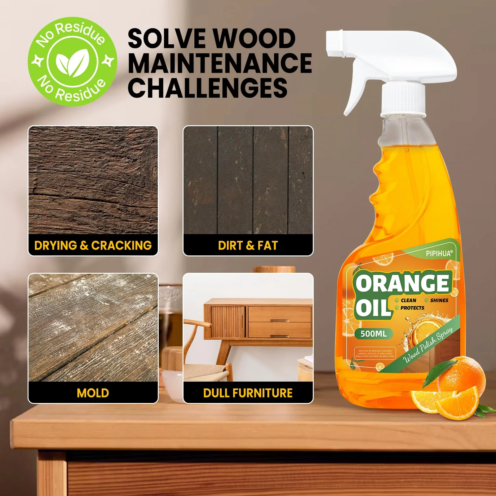 PIPIHUA Wood Oil Polish Spray, Shines & Protects, Wood Cleaner and Furniture Polish for Cabinets Tables Floors 16.9 oz, 2 Pack - Image 5