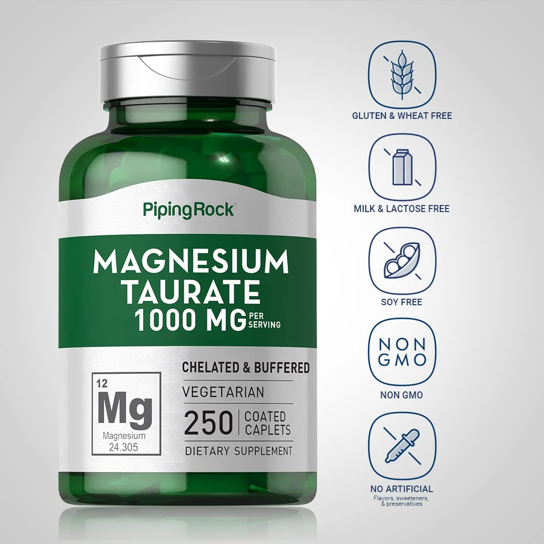 Piping Rock Magnesium Taurate | 1000mg | 250 Caplets | Chelated and Buffered | Vegetarian, Non-GMO, Gluten Free Supplement - Image 6