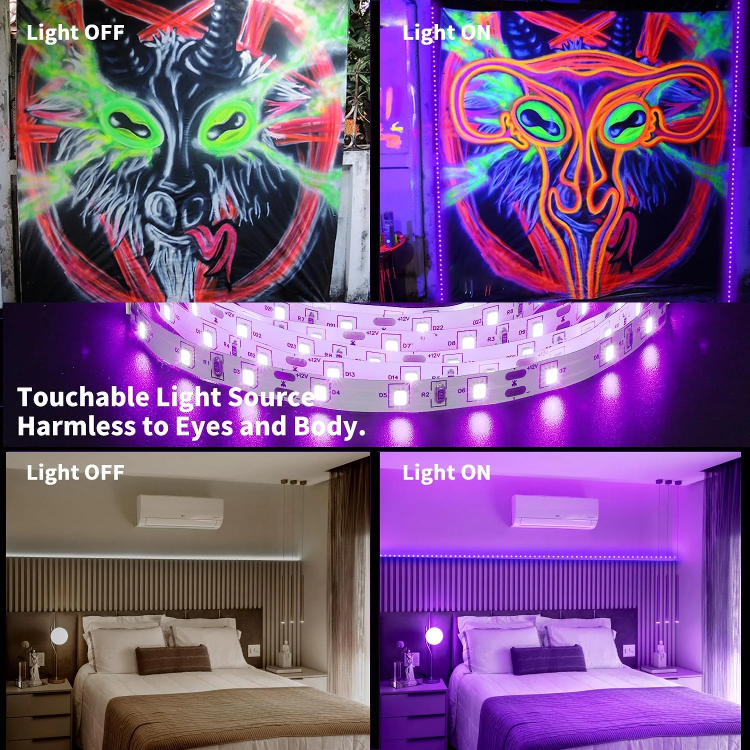 PIZHLO 66 Foot Black Light Strips & Remote, Dimmable Flexible Blackights Strip Lights 1200 LEDs for Glow Party Body Paint Birthday Bedroom Room Fluorescent Tapestry Poster, Non-Waterproof - Image 6