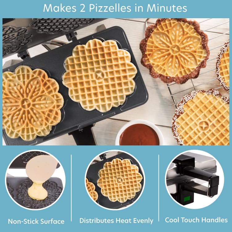 Pizzelle Maker- Nonstick Electric Holiday Baker Press Makes Two 5-Inch Cookies at Once- Christmas Baking Supplies for Party- Italian Dessert Treat Making with Recipe Guide- Cookie Swap Gift for Her - Image 7