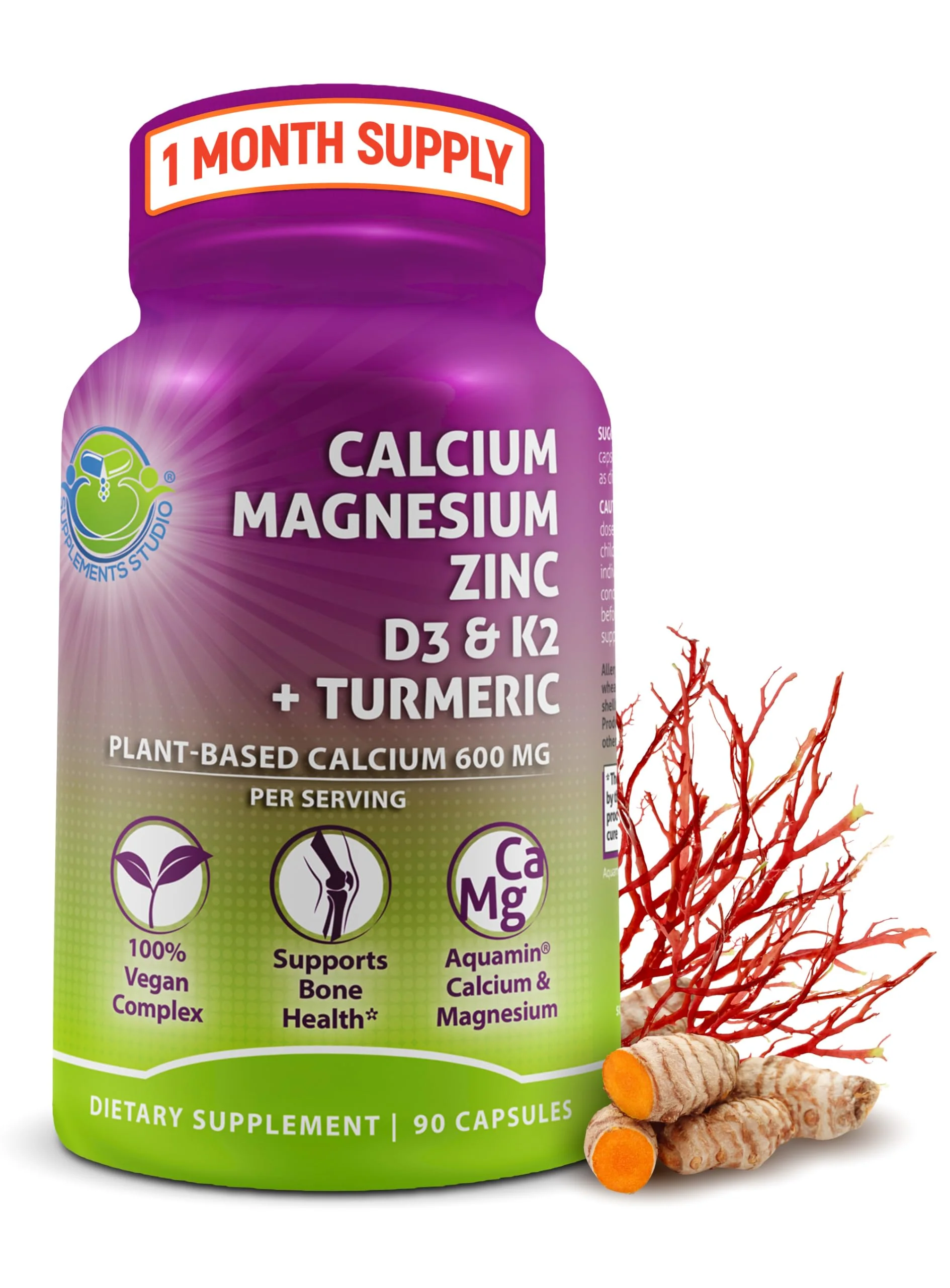 Plant-Based Calcium 600mg (Aquamin) – Vegan Calcium Magnesium Zinc D3 with Vitamin K2 & Organic Turmeric – Enhanced Bone and Muscle Health & Strength, Immune Support for Women & Men - 90 Count