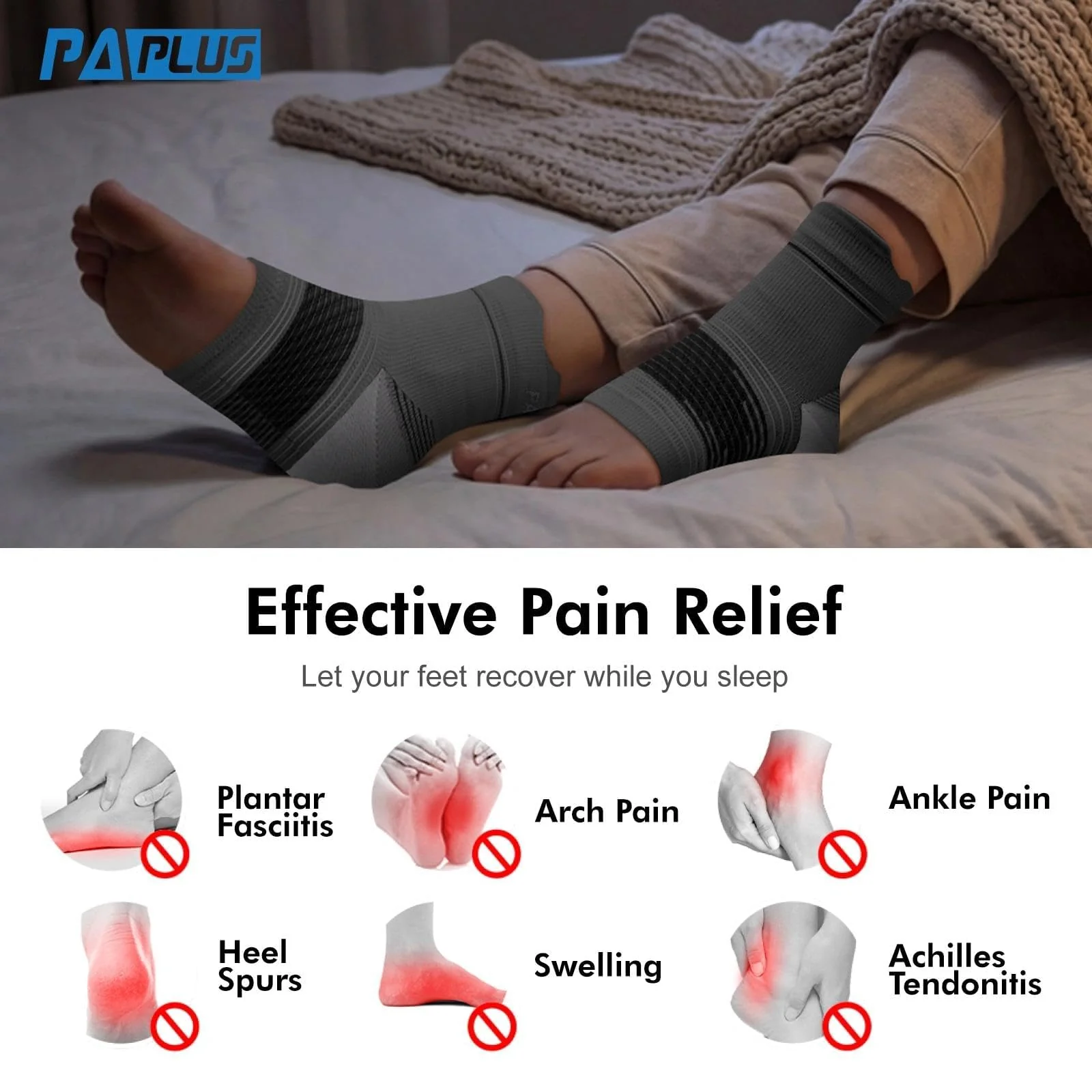 Plantar Fasciitis Sock (6 Pairs) for Men and Women, Compression Foot Sleeves with Arch and Ankle Support, Gray, Large - Image 2