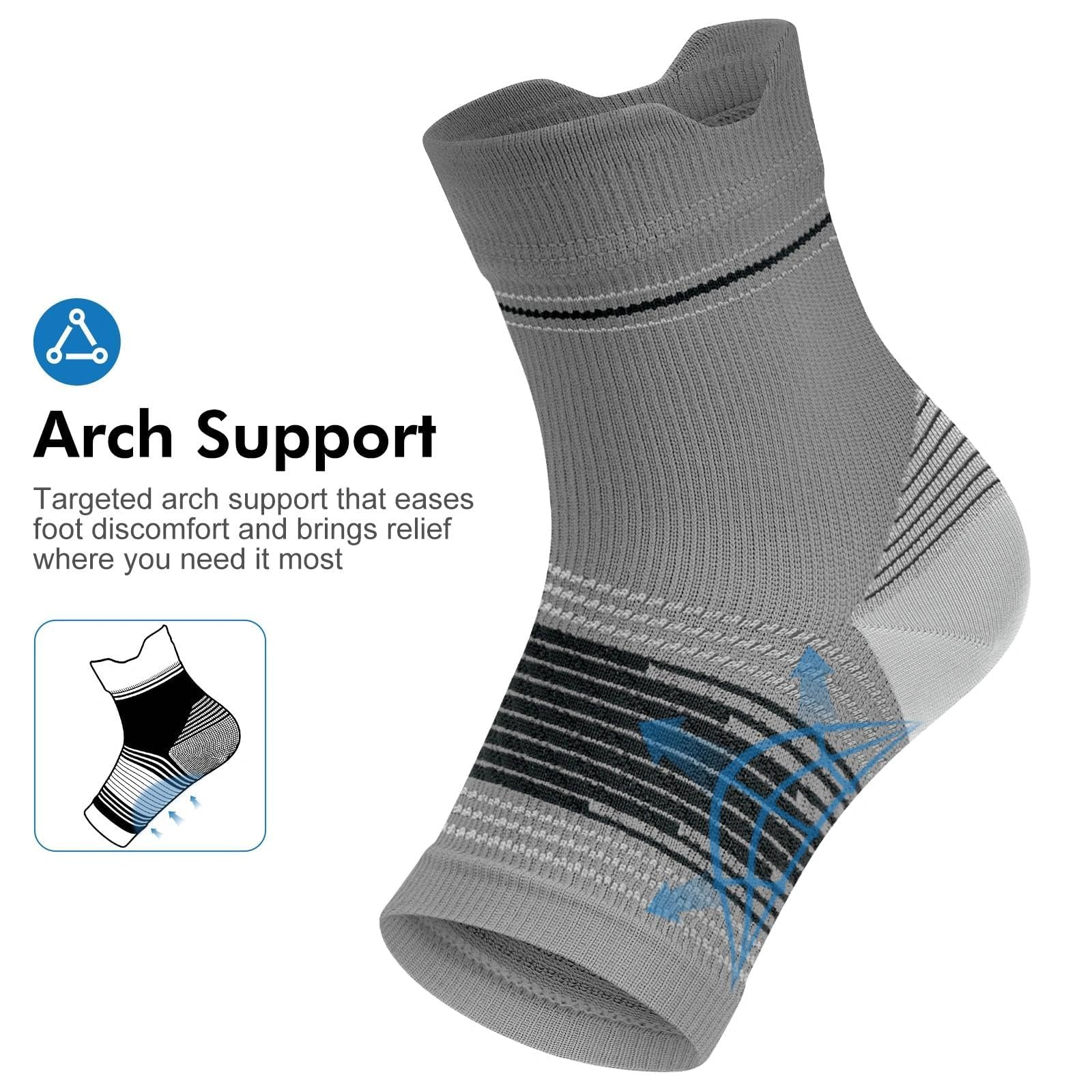 Plantar Fasciitis Sock (6 Pairs) for Men and Women, Compression Foot Sleeves with Arch and Ankle Support, Gray, Large - Image 5