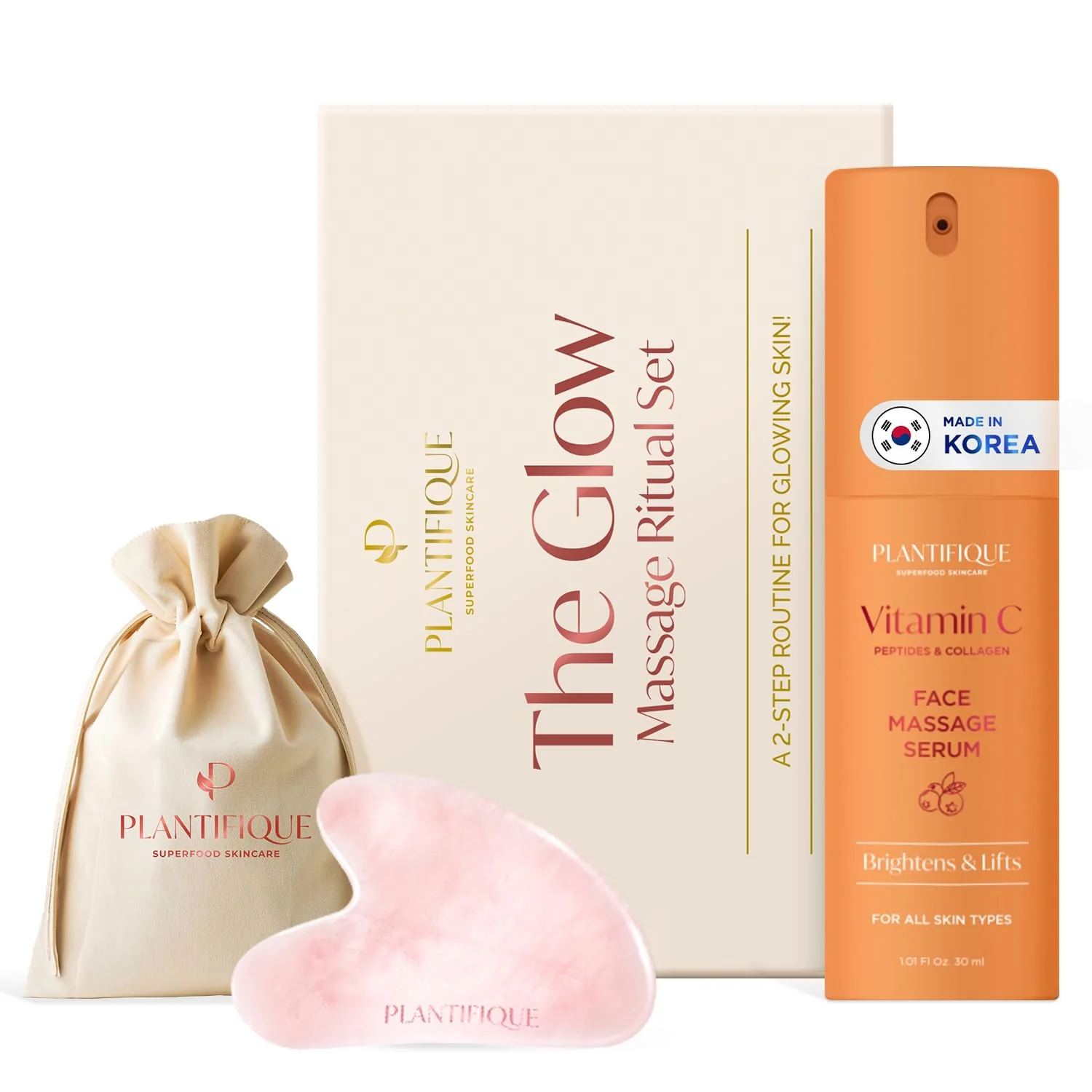 PLANTIFIQUE Massage Ritual Set Premium Certified Rose Quartz Gua Sha + Vitamin C Serum Skin Care Set, Birthday Gifts for Women, Teens, Mom, Brides