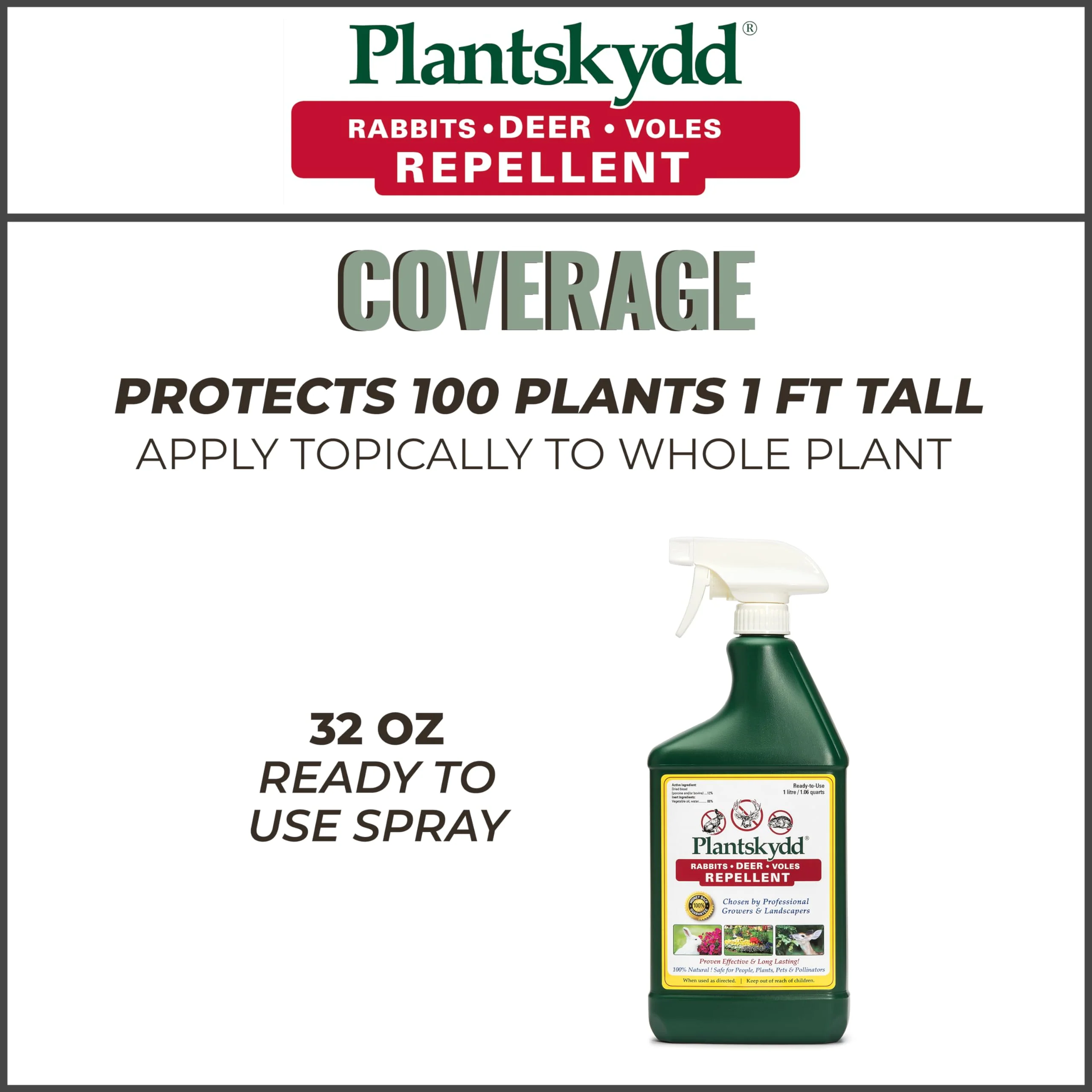 Plantskydd Animal Repellent - Repels Deer, Rabbits, Elk, Moose, Hares, Voles, Squirrels, Chipmunks and Other Herbivores; Ready to Use Liquid - 32 Oz Spray Bottle (PS-1L) - Image 4