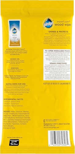 Pledge Expert Care Enhancing Wood Wipes, Lemon Scent (Pack of 6, 144 Total Count), Yellow - Image 2