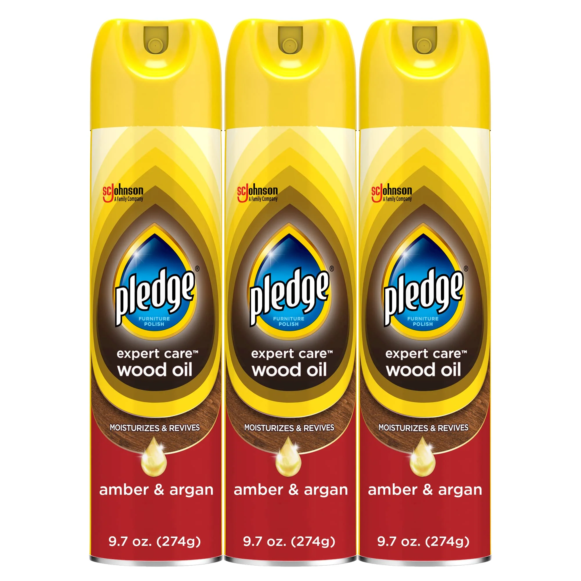 Pledge Moisturizing Wood Oil, Furniture Reviving & Protecting Conditioner and Dusting Spray, Revitalizes Wood, Sealed Leather & Laminate, Made with Mineral Oils - Amber & Argan Scent, 9.7oz, Pack of 3