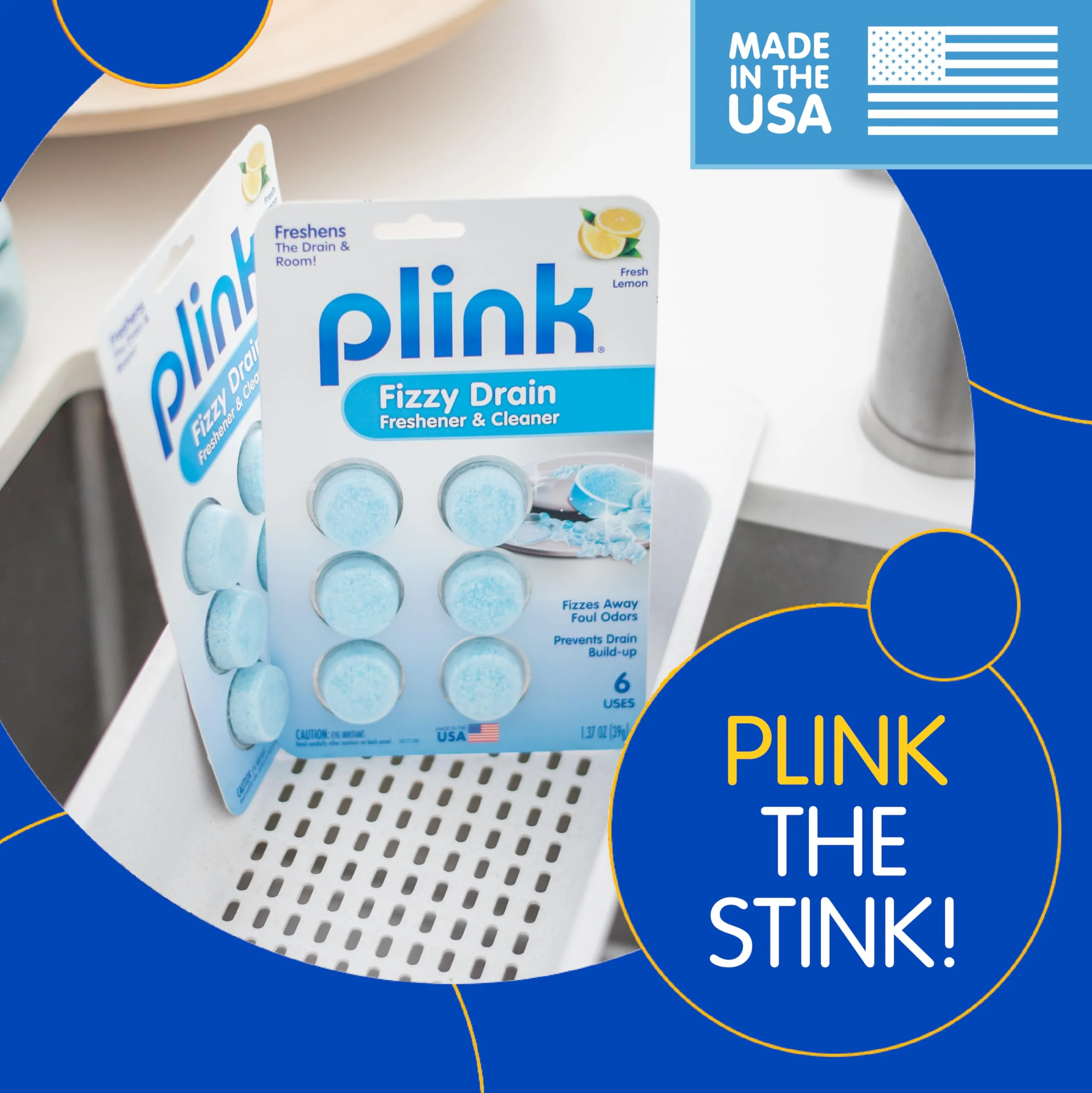 Plink Fizzy Drain Cleaner and Freshener, Prevents Drain Clogs and Buildup, Removes Odors from Bathroom and Kitchen Sinks, Septic-Friendly, Made in the USA, Lemon Scent, 18 Tablets - Image 2