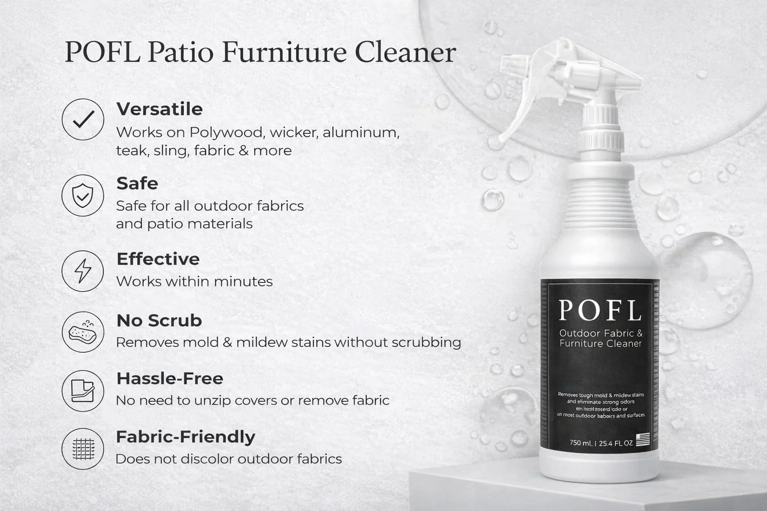 POFL Outdoor Fabric & Furniture Cleaner – Mold & Mildew Stain Remover for Patio Cushions, Wicker, Teak, Aluminum & Marine Seating – 25.36 fl oz - Image 3